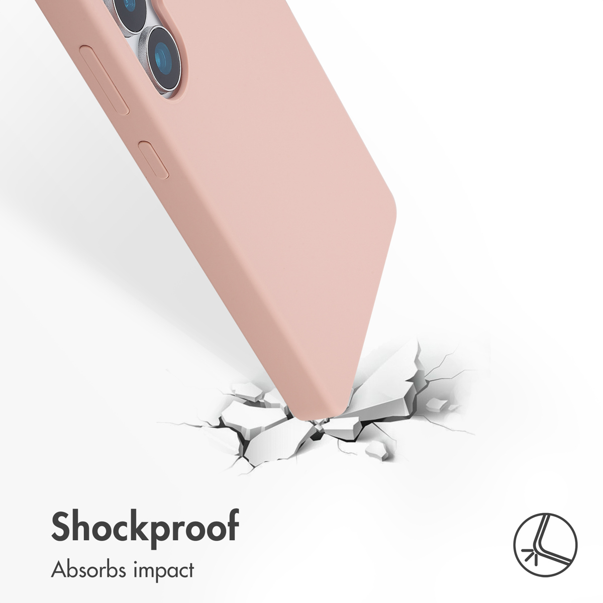 Ein rosafarbenes Smartphone in einer Hülle schlägt auf harten Boden auf und bricht ihn. Text: Shockproof, Absorbs impact.