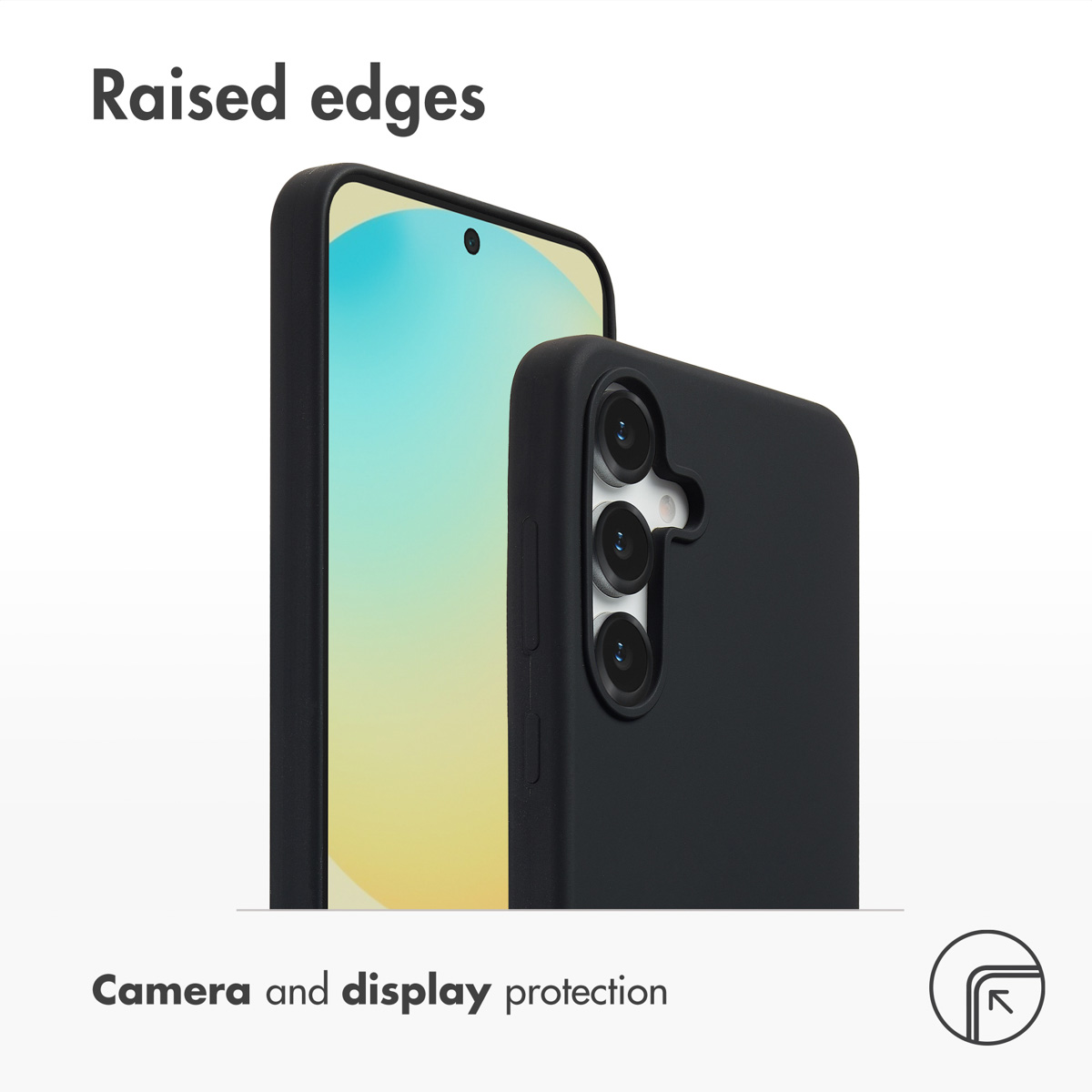 Due cover nere per smartphone con bordi rialzati per proteggere fotocamera e display.