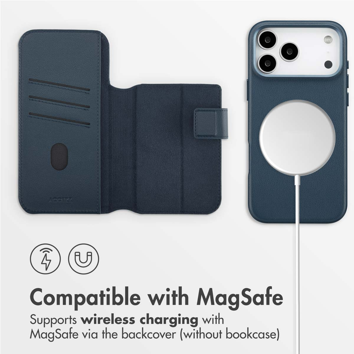 Funda azul para móvil MagSafe con tarjetero y carga inalámrica sobre fondo blanco.