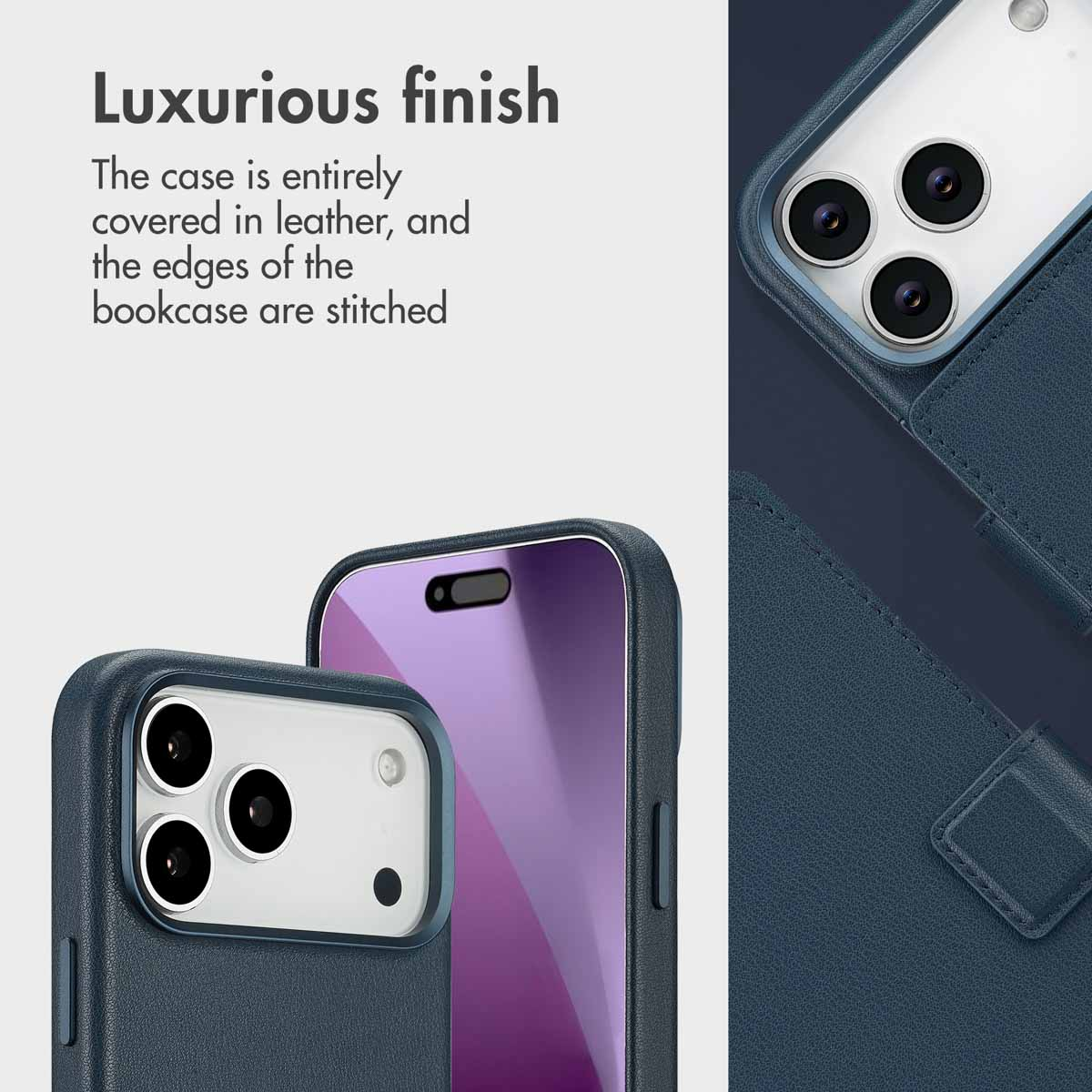 Lujosa funda de cuero azul para teléfono con costuras visibles y triple cámara.