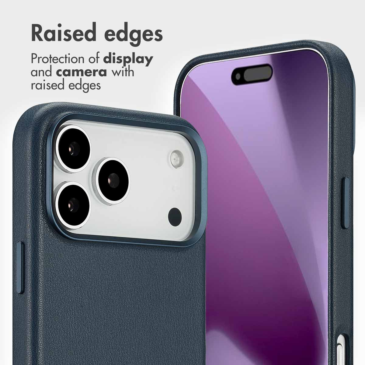 Funda azul para smartphone con bordes elevados para proteger la pantalla y la cámara.