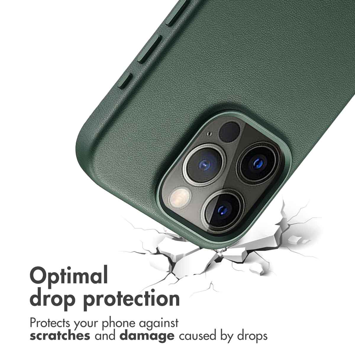 Coque de smartphone vert foncé sur fond blanc craquel é avec texte de protection.