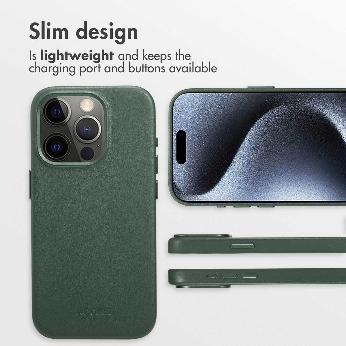 Coque de téléphone verte au design fin avec découpes pour boutons.