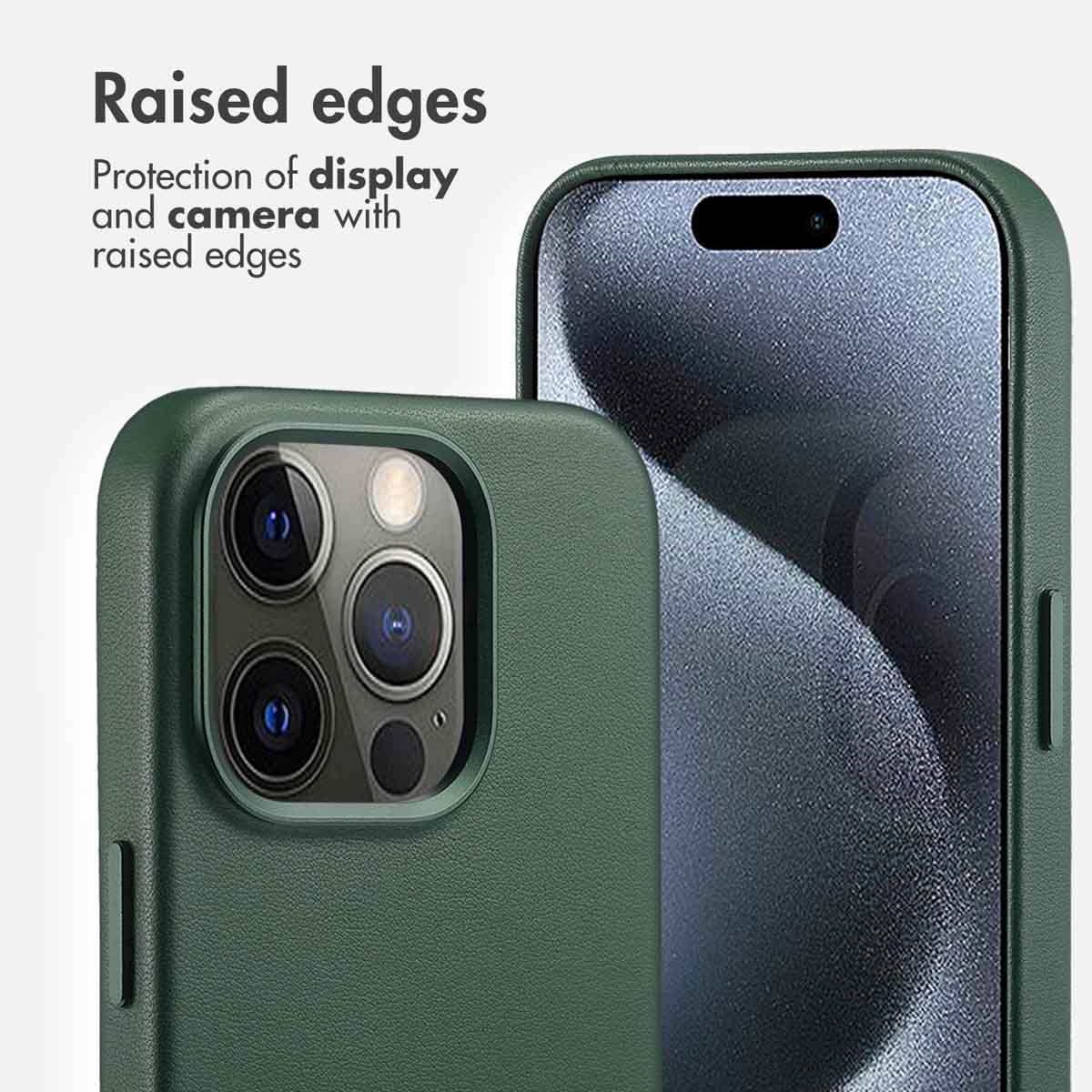 Coque de téléphone verte avec des bords surélevés protégeant l'écran et l'appareil photo.