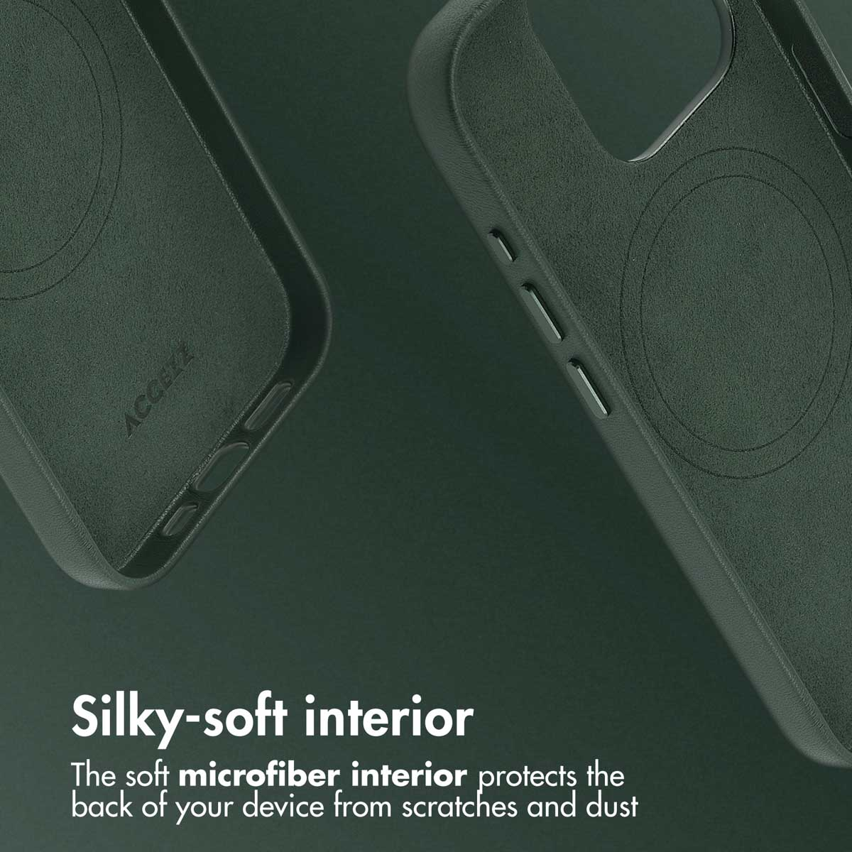 Deux coques de téléphone vertes sur fond sombre avec du texte sur l'intérieur en microfibre douce.