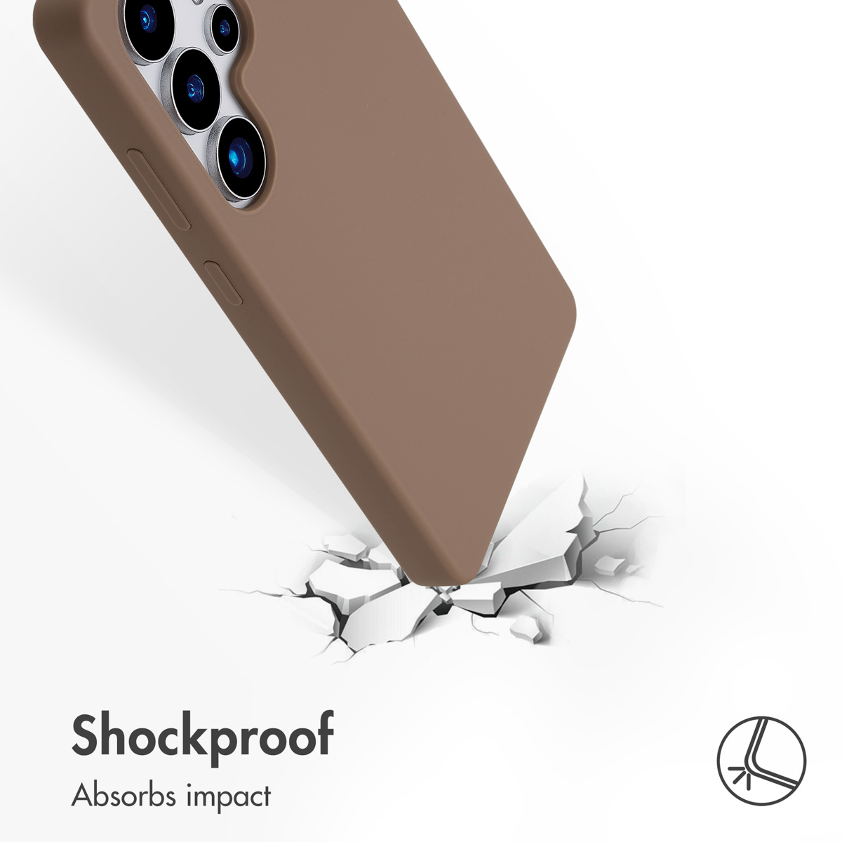 Una funda de móvil marrón golpeando una superficie agrietada.
