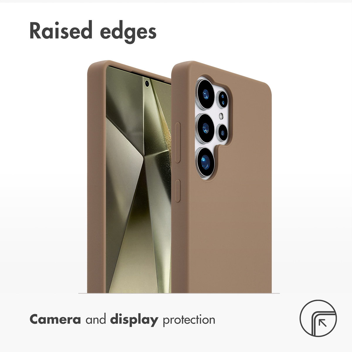 Un smartphone en funda marrón muestra bordes elevados para proteger cámara y pantalla.