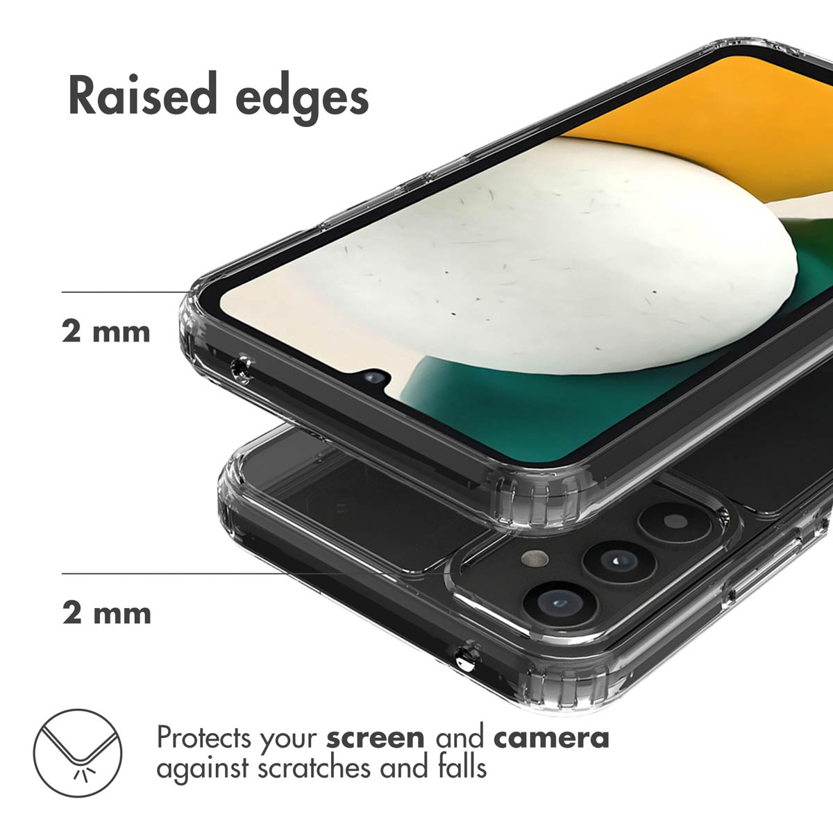 Smartphone in custodia protettiva con bordi rialzati di 2 mm per chermo e fotokamera.