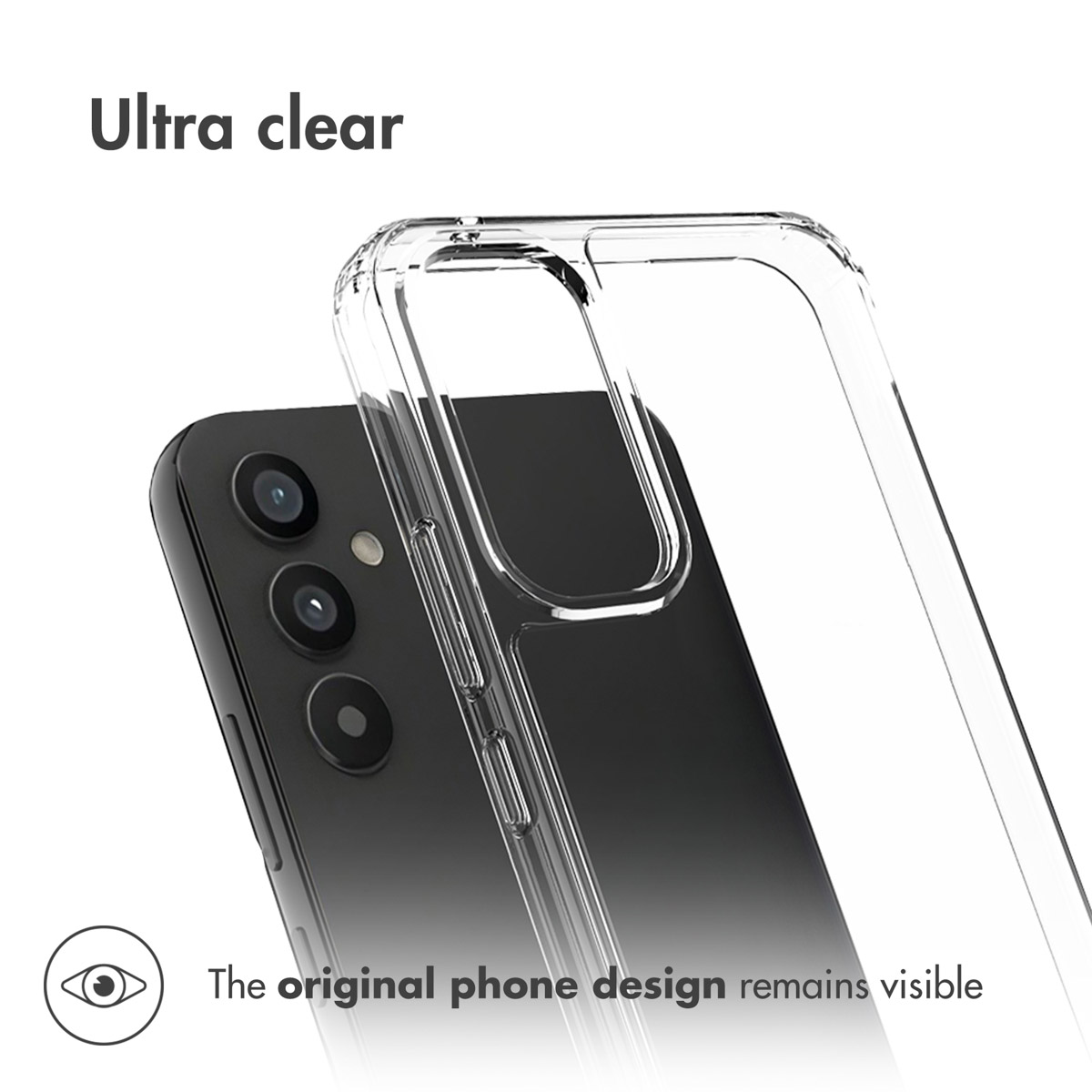 Custodia protettiva trasparente su smartphone nero. Testo: Ultra clear.