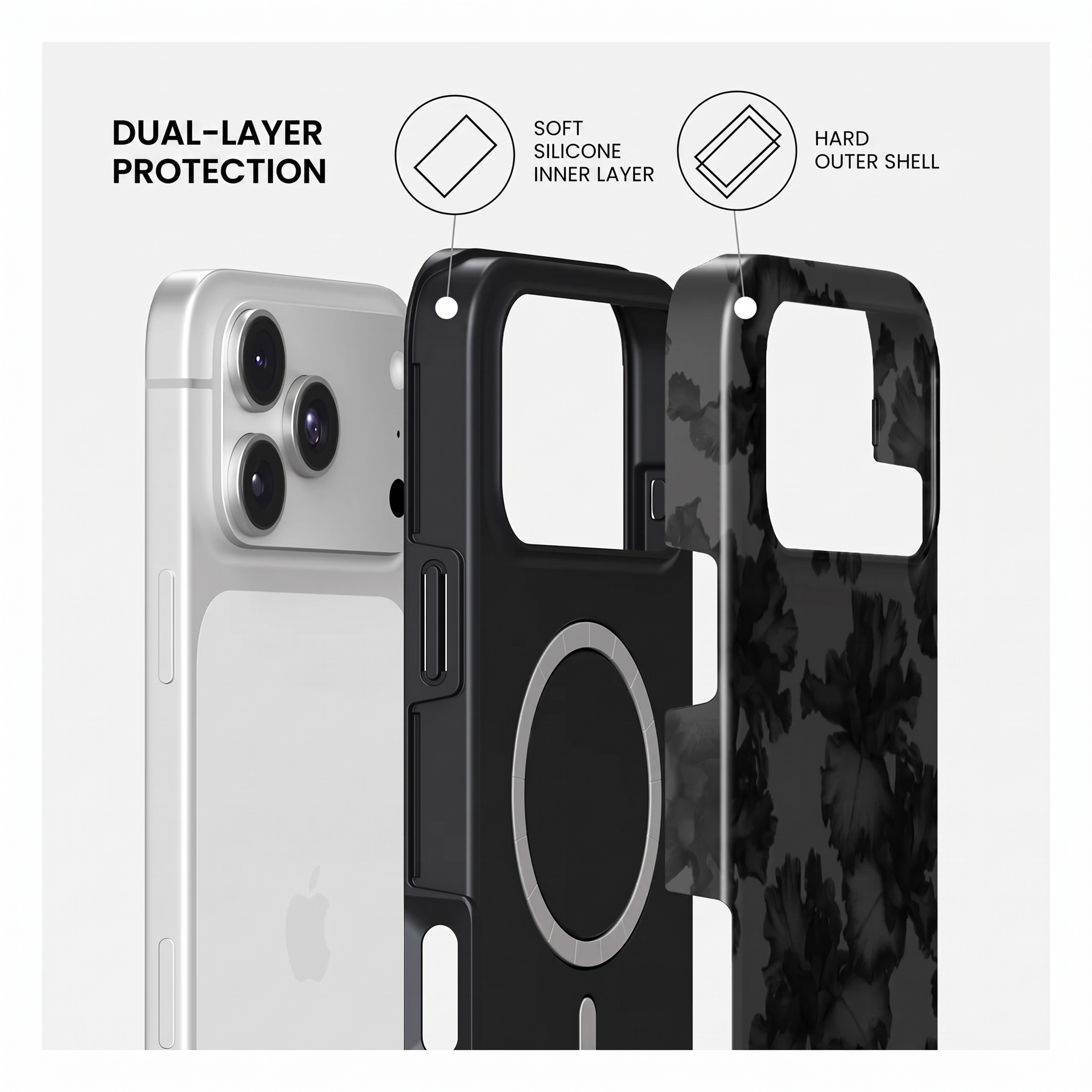 Le diagramme montre une protection double couche avec une couche intérieure en silicone et une coque dure.