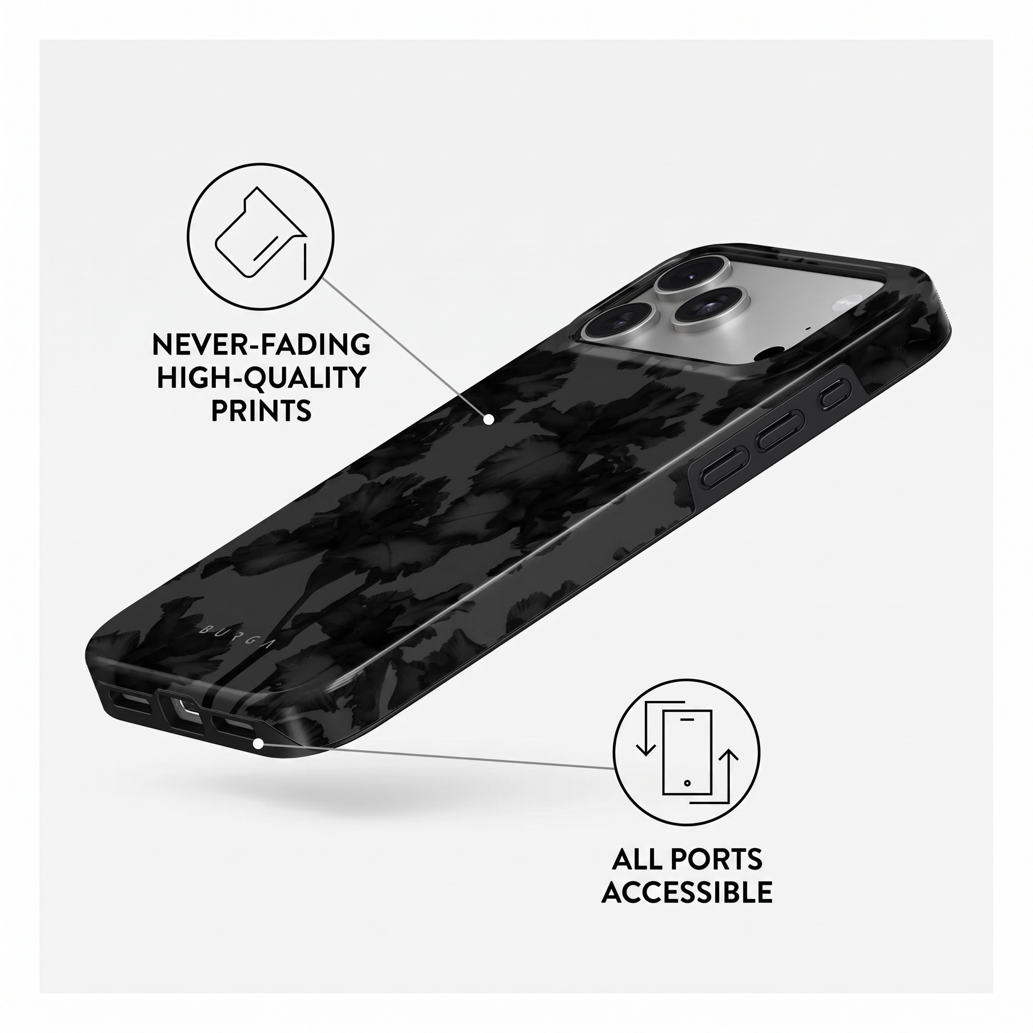 Coque de téléphone noire à motif floral, impression durable et ports accessibles sur fond blanc.