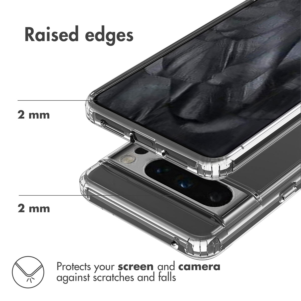 Diagrama que muestra bordes elevados de 2 mm de una funda transparente para proteger la pantalla y la cámara.