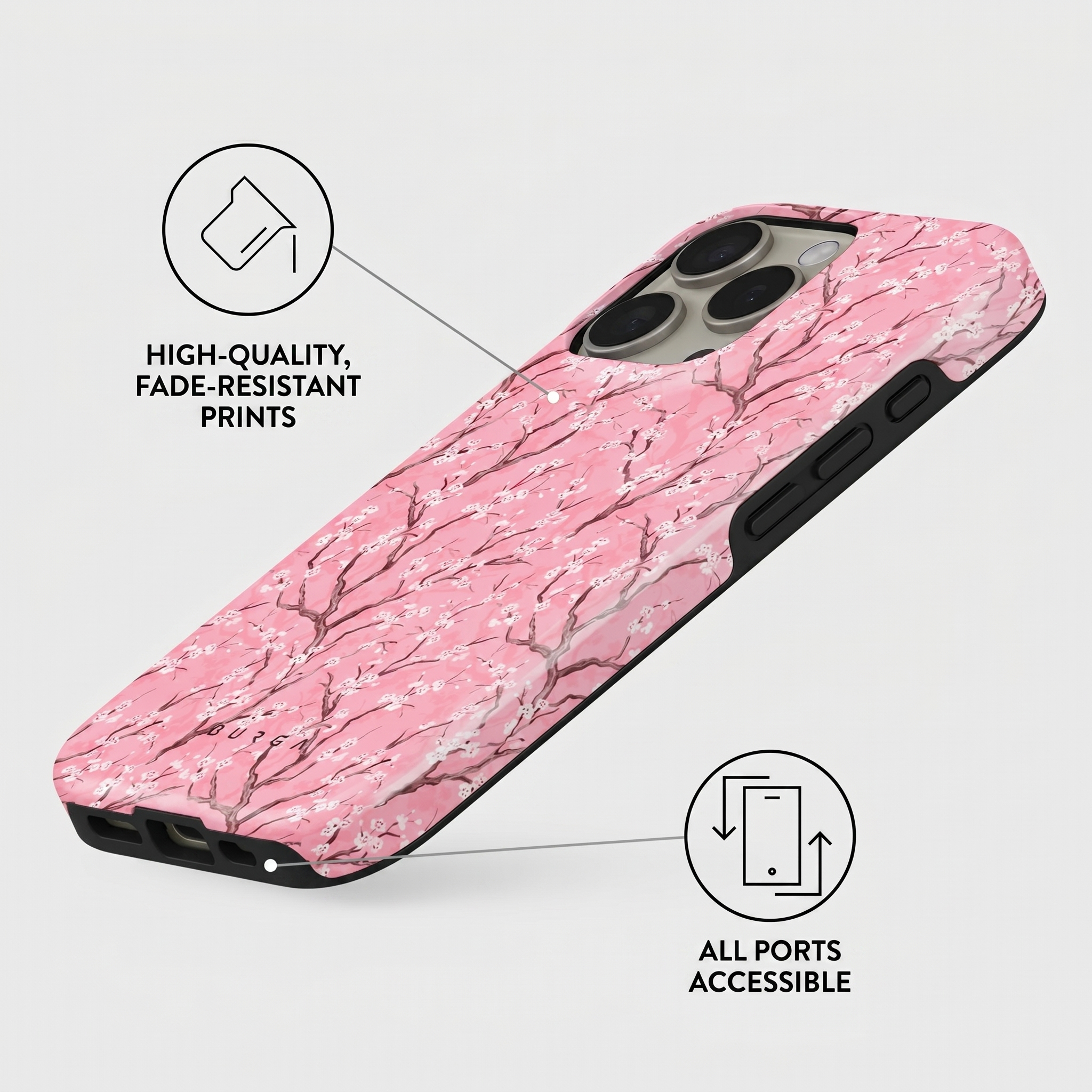 Funda rosa con diseño de cerezo, con gráficos de calidad de impresión y puertos.