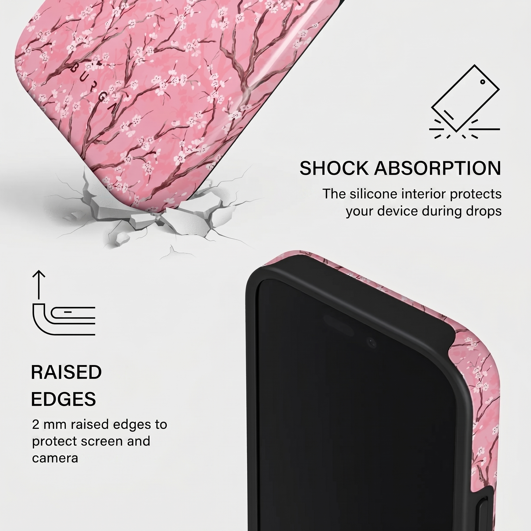 Funda de teléfono con patrón de cerezo, absorción de impactos y bordes elevados.