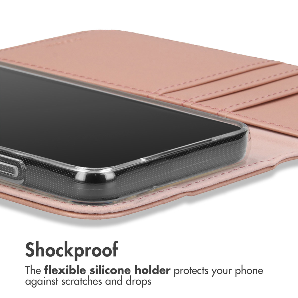 Custodia per telefono rosa a libro con supporto in silicone trasparente e tasche per carte.