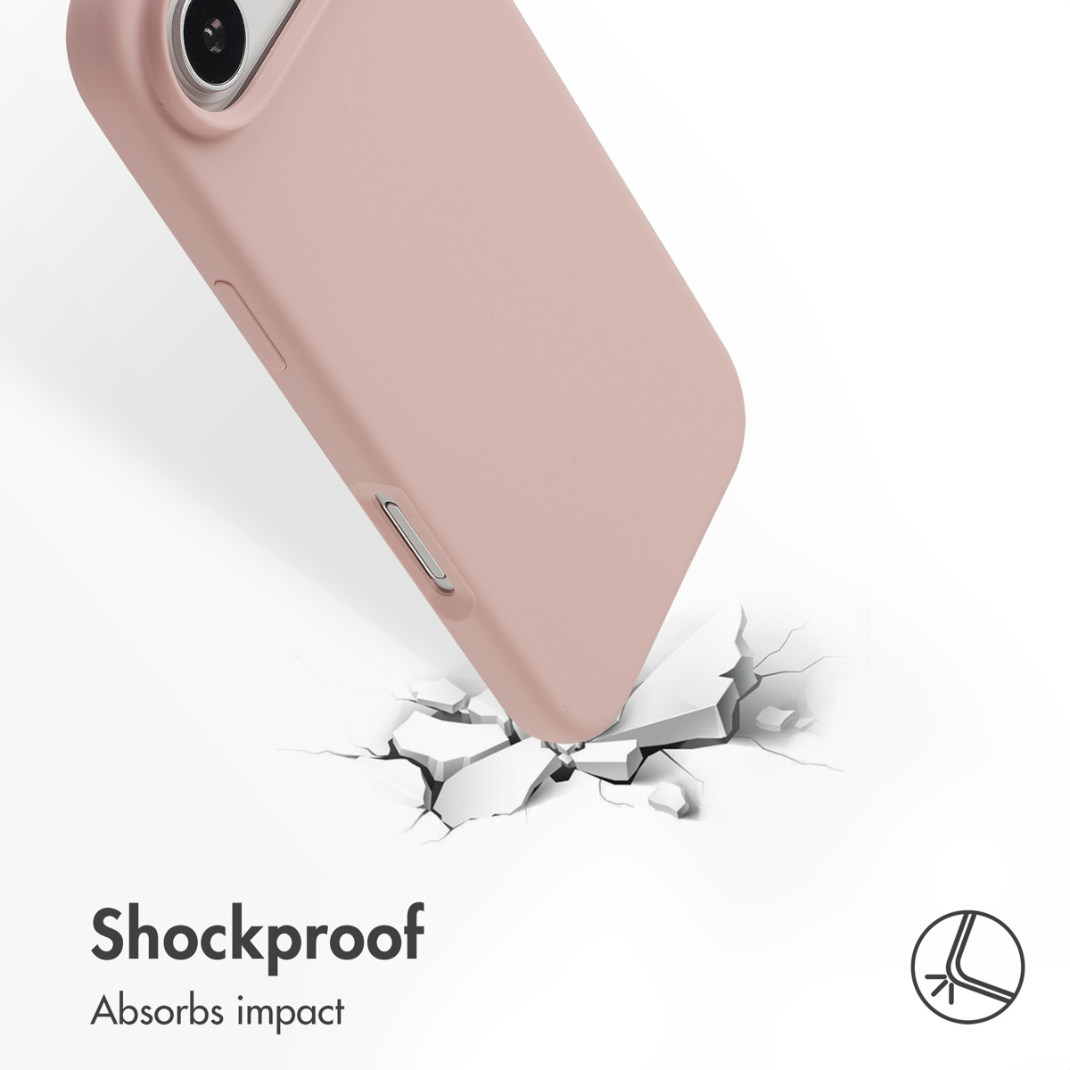 Funda de teléfono rosa impacta una superficie blanca agrietada con texto Shockproof.