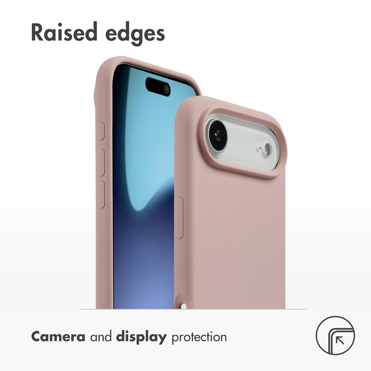 Funda rosa para smartphone que muestra bordes elevados para protección de cámara y pantalla.