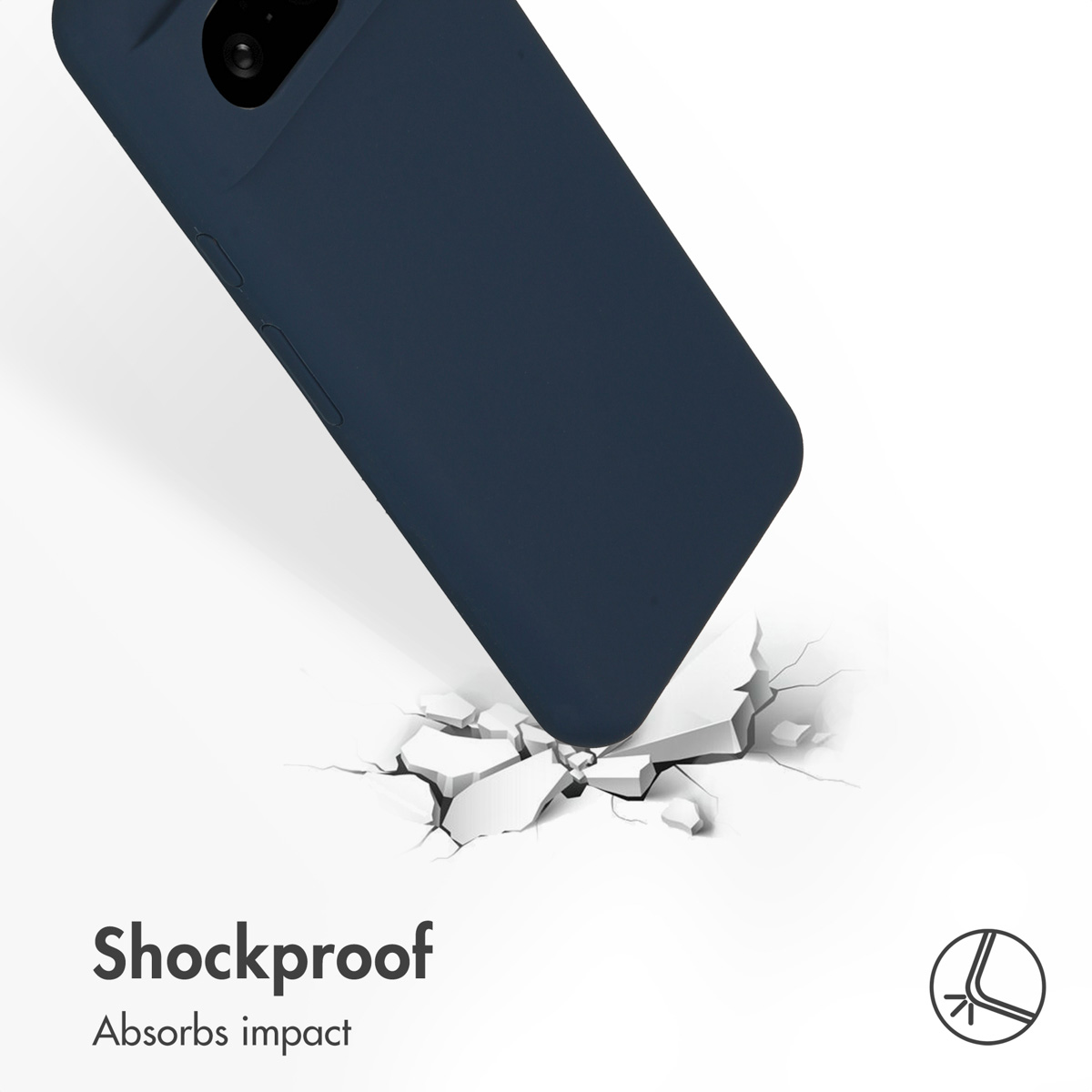 Niebieskie etui na telefon niszczy symulowaną białą powierzchnię, z napisem 'Shockproof'.