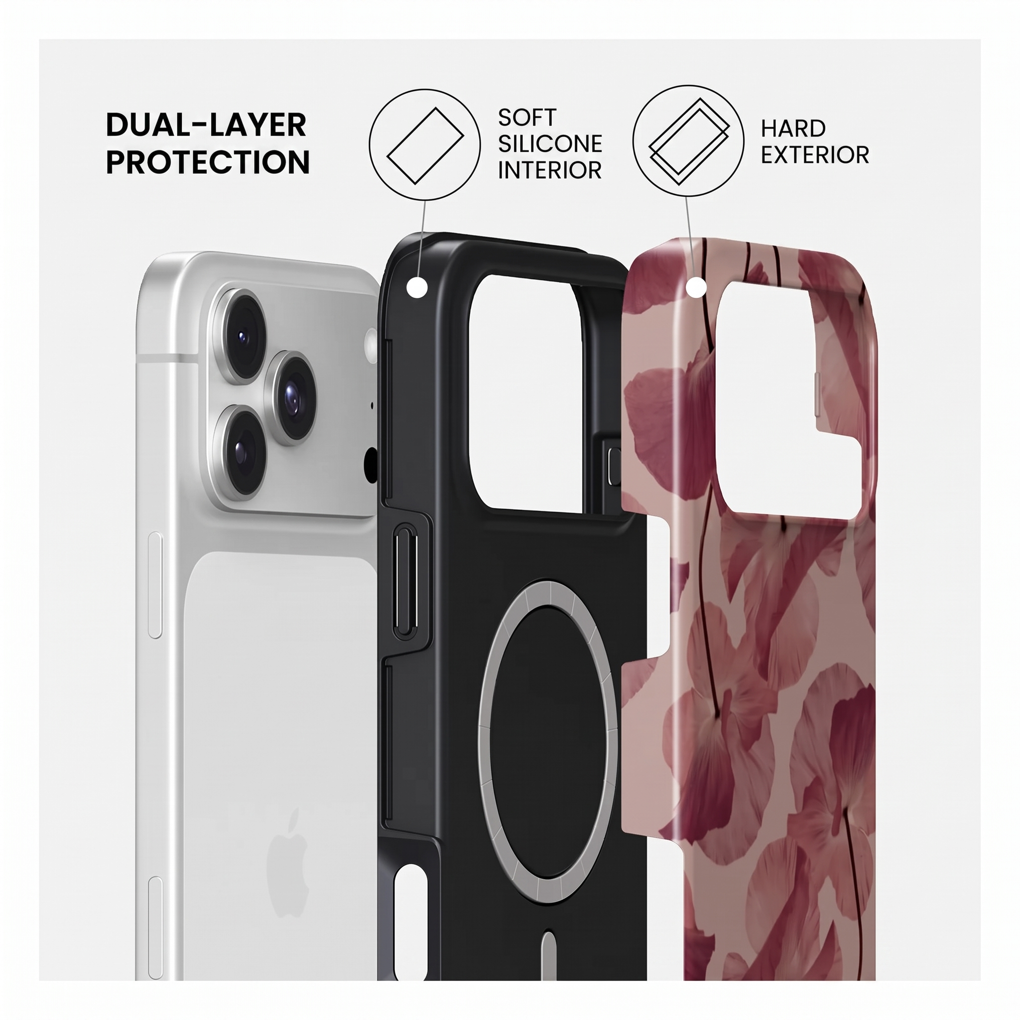 Coque de téléphone double couche montrant un intérieur en silicone noir et un extérieur floral rose.