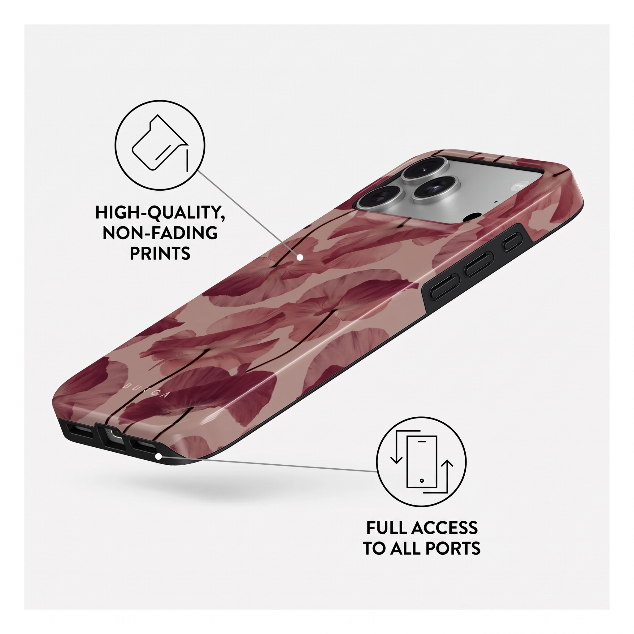 Une coque de téléphone à motif de coquelicots roses, soulignant l'impression durable et l'accès aux ports.