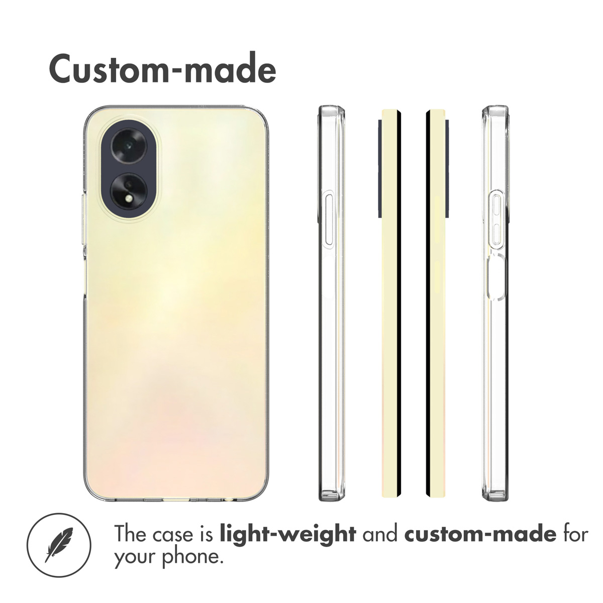 Funda de teléfono ligera y personalizada mostrada desde varios ángulos con un diseño suave.