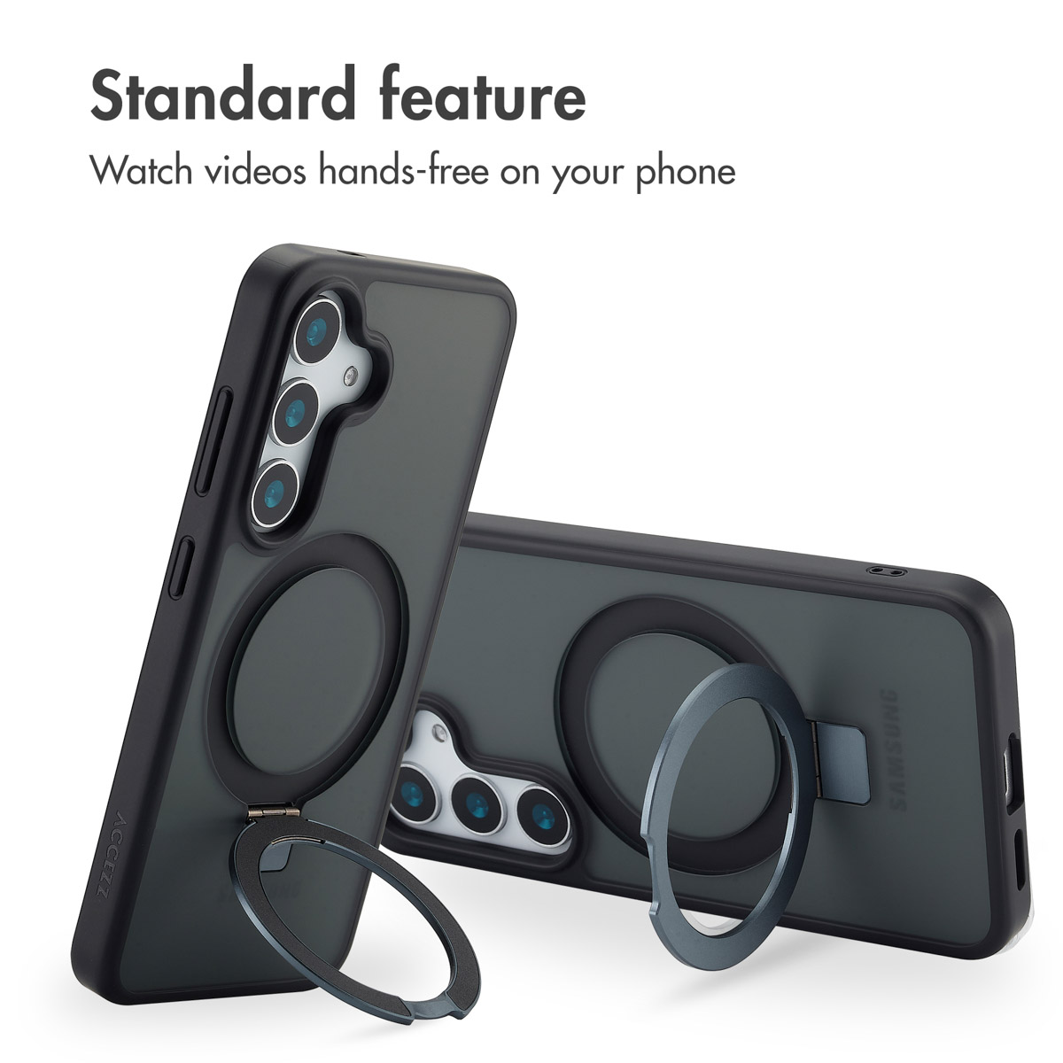 Cover per smartphone nere con supporto ad anello integrato su sfondo bianco.