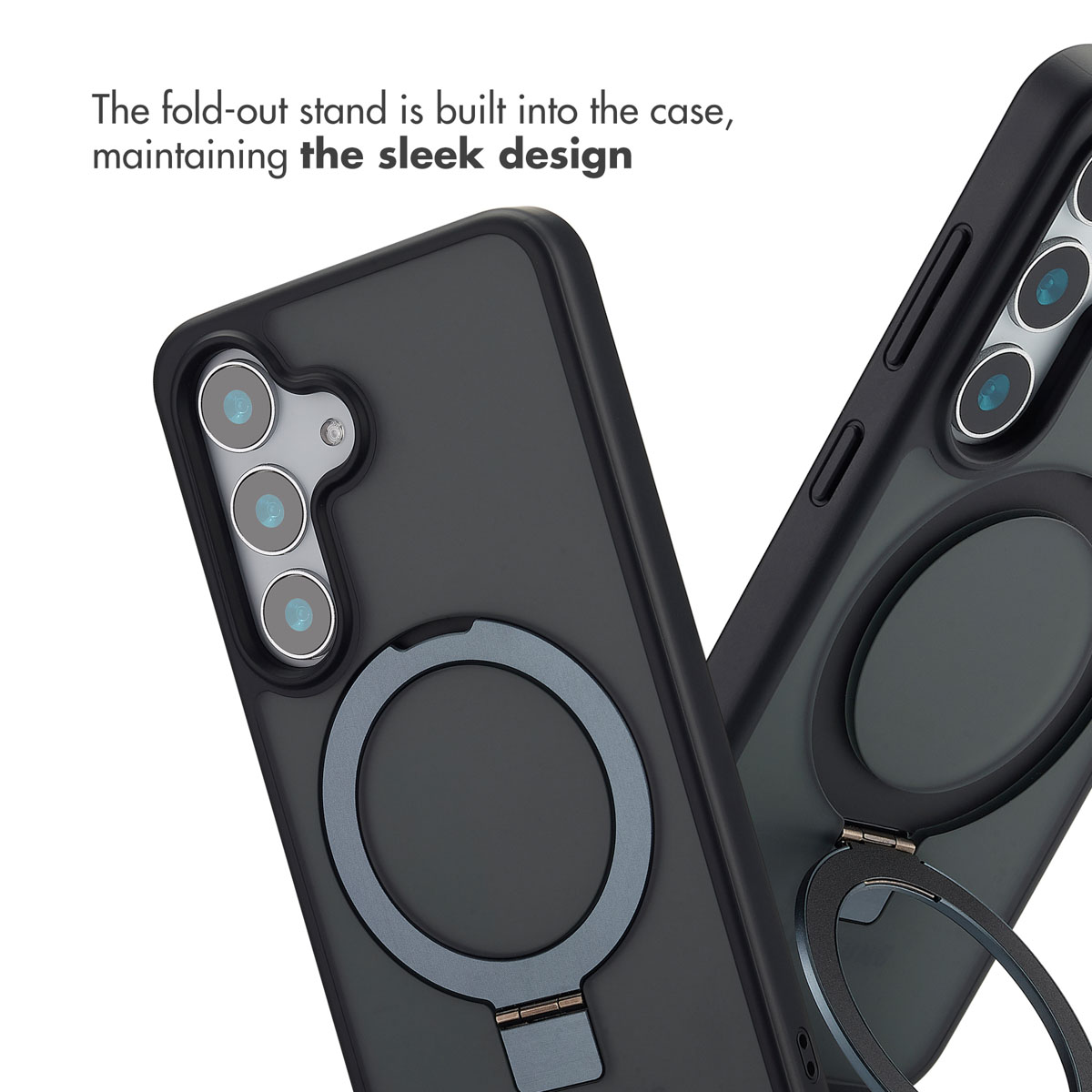 Due cover nere per smartphone con supporti circolari pieghevoli integrati, fotocamere e anelli magnetici.