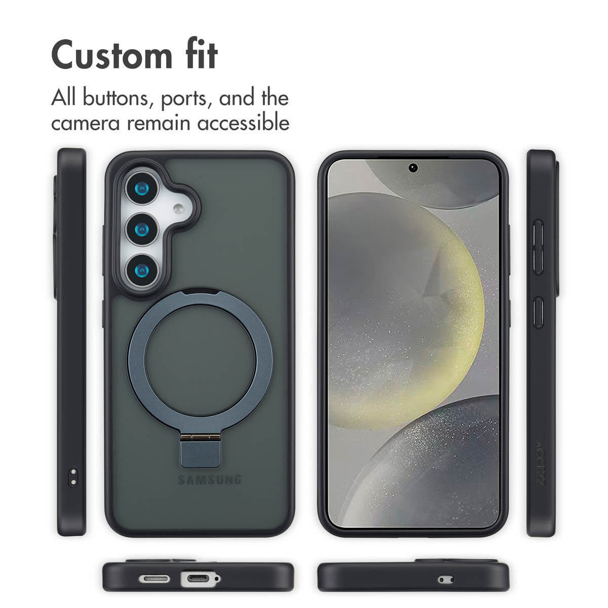 Smartphone in custodia nera con supporto ad anello, mostrato da più angolazioni.