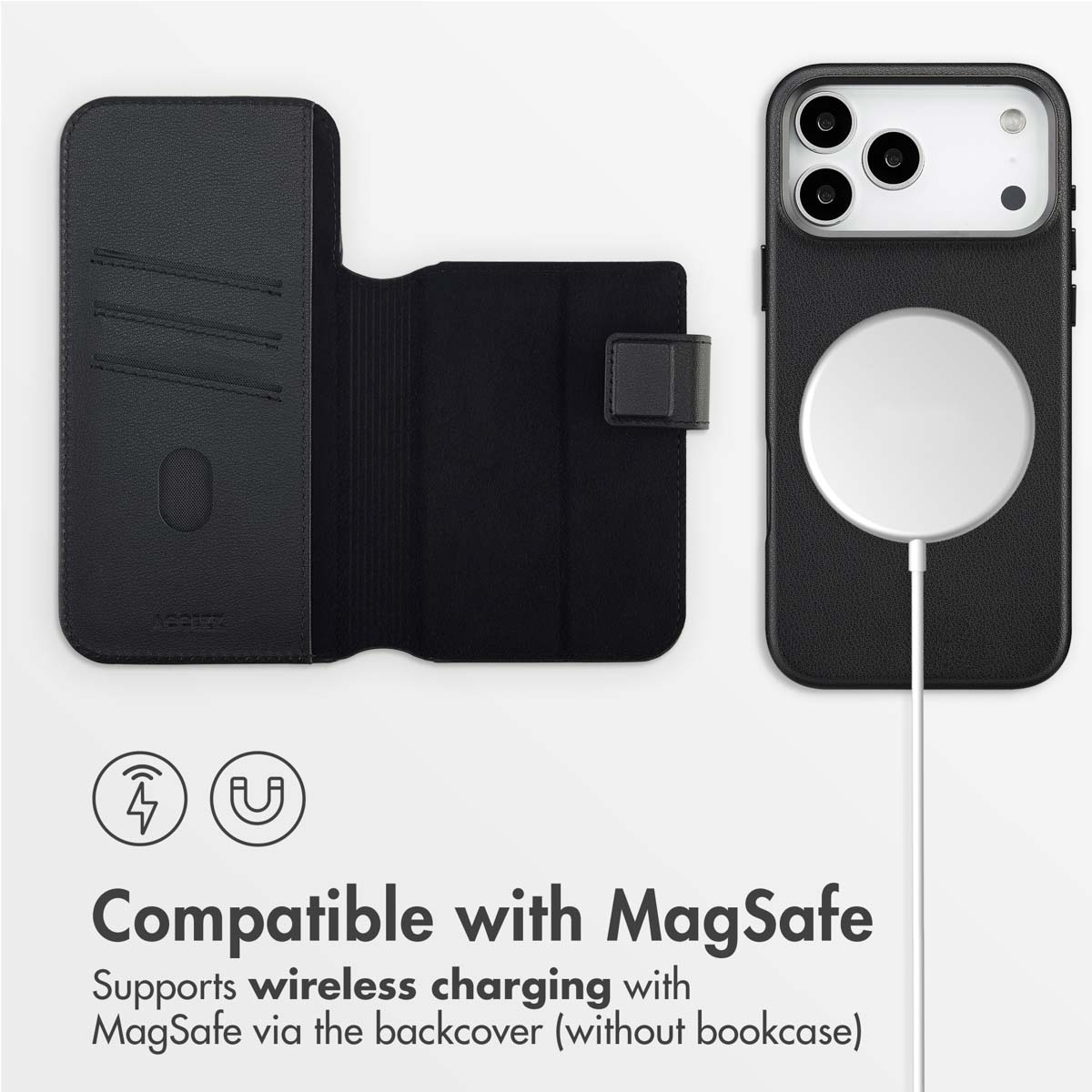 Fundas para teléfono de cuero negro con soporte de carga MagSafe y tarjetero.