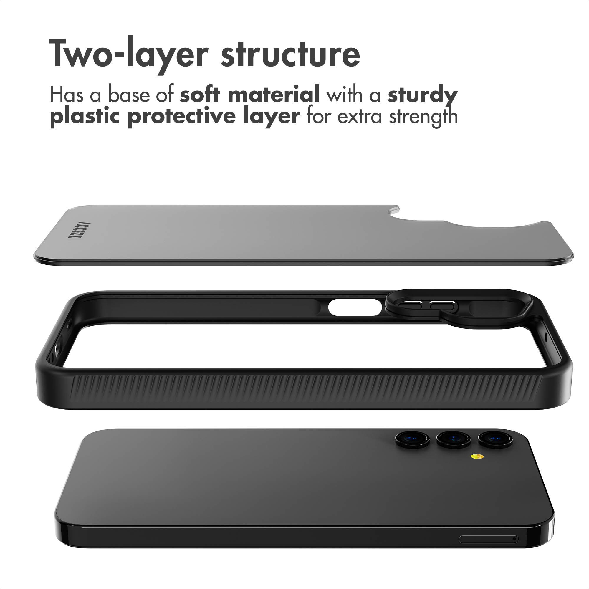 Vue éclatée d'une coque de téléphone à deux couches avec coque de protection et base souple.