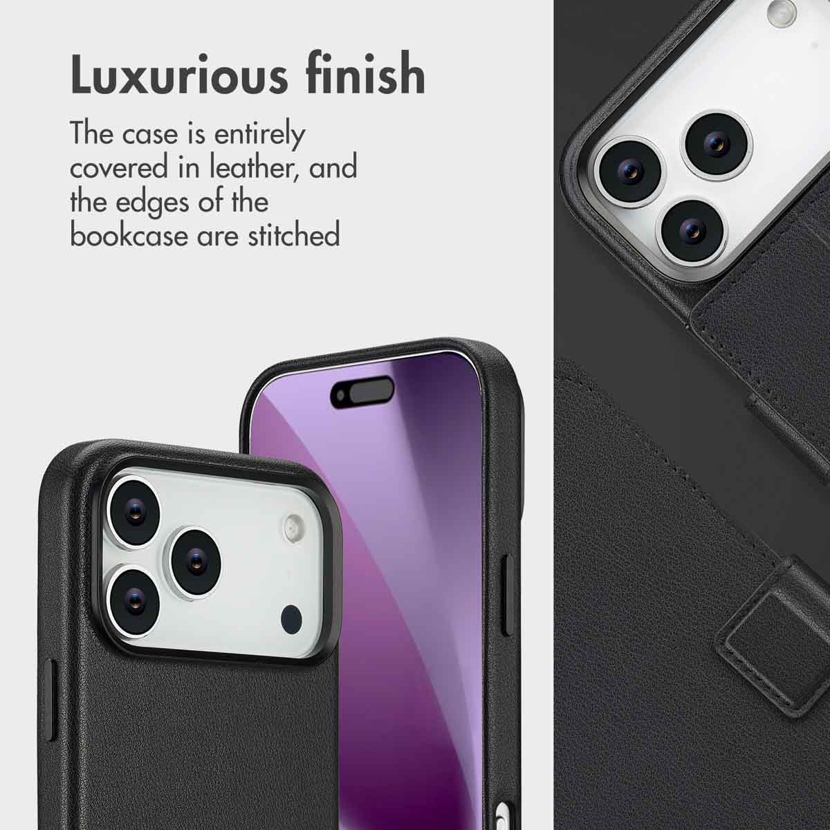 Una funda de móvil de cuero negro con bordes cosidos, mostrando la cámara trasera y la pantalla.