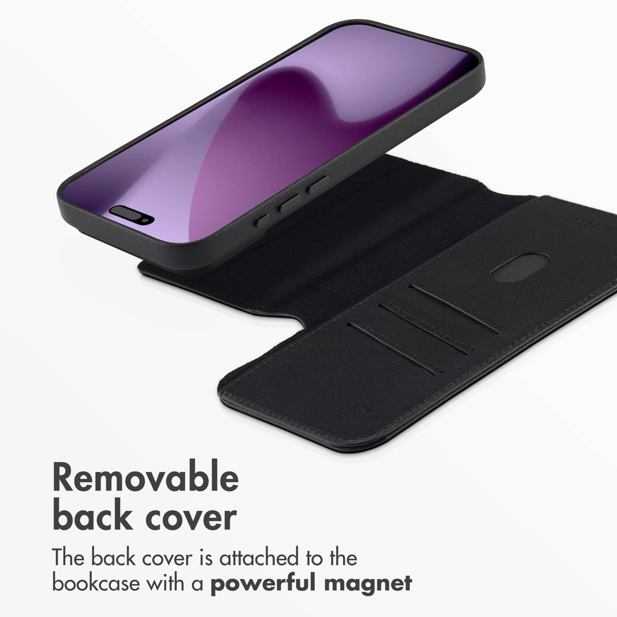 Funda negra para smartphone con carcasa trasera extraíble y tarjetero.