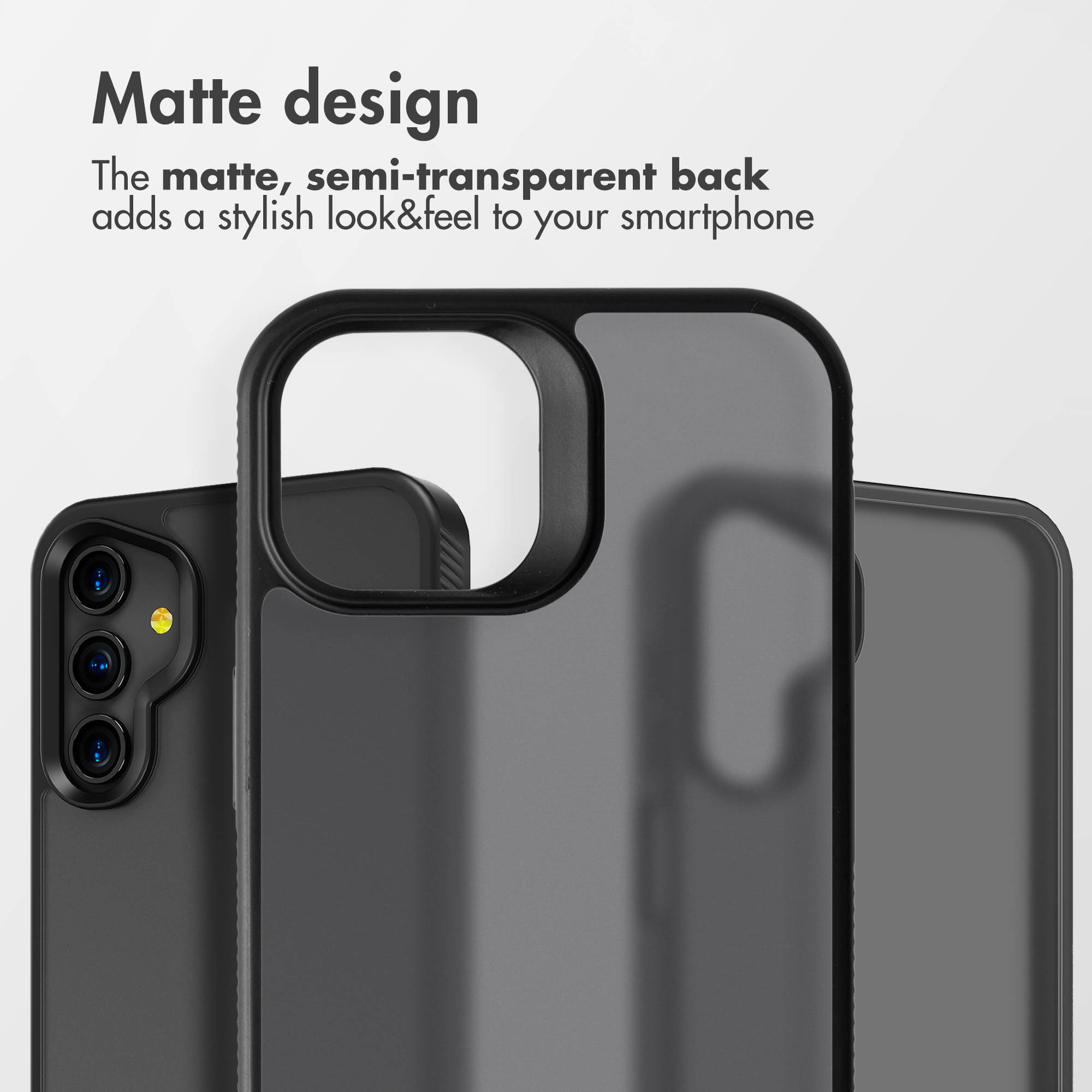 Une coque de smartphone mate et semi-transparente avec cadre noir sur fond clair.