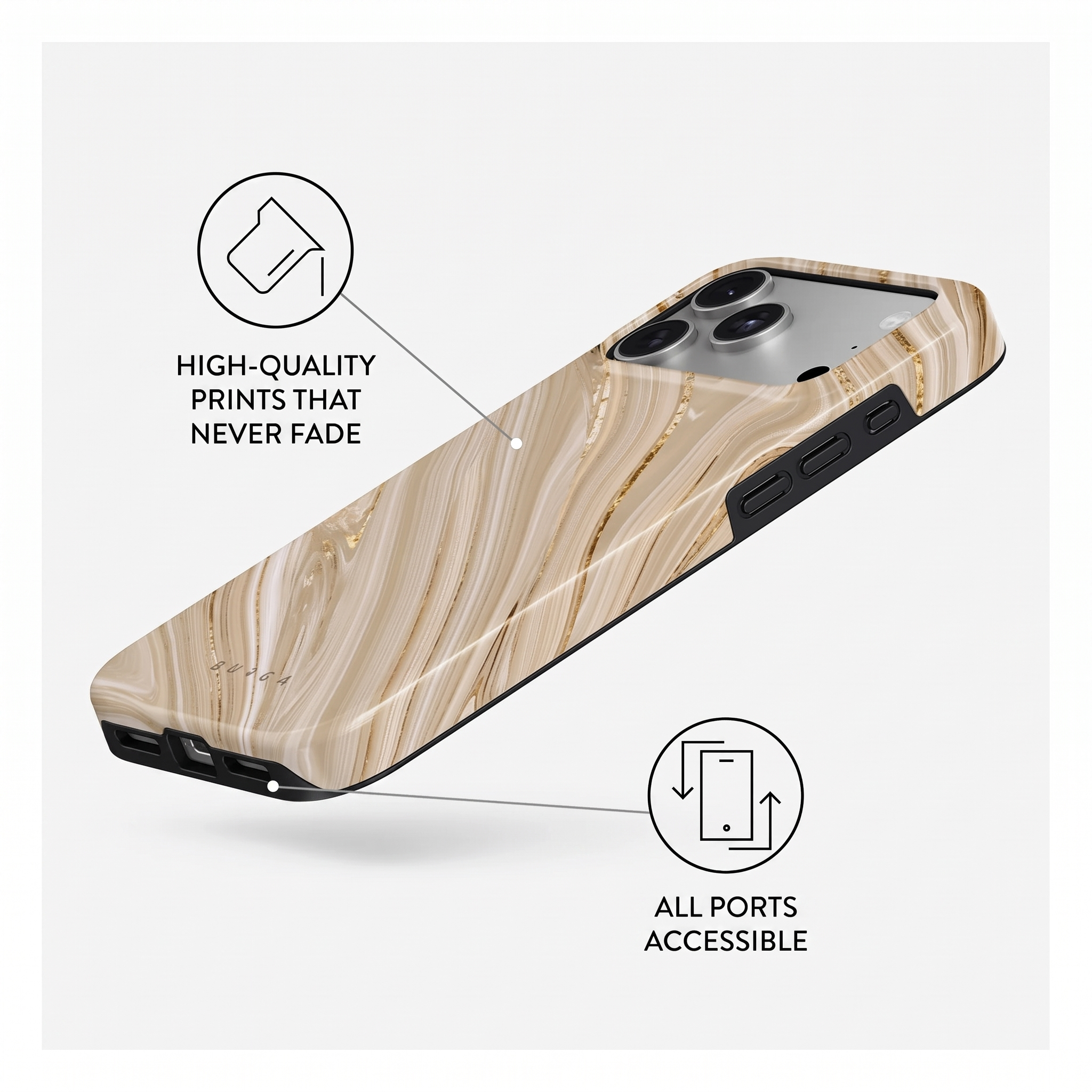 Coque de téléphone en marbre beige avec détails dorés, impression durable et ports accessibles.