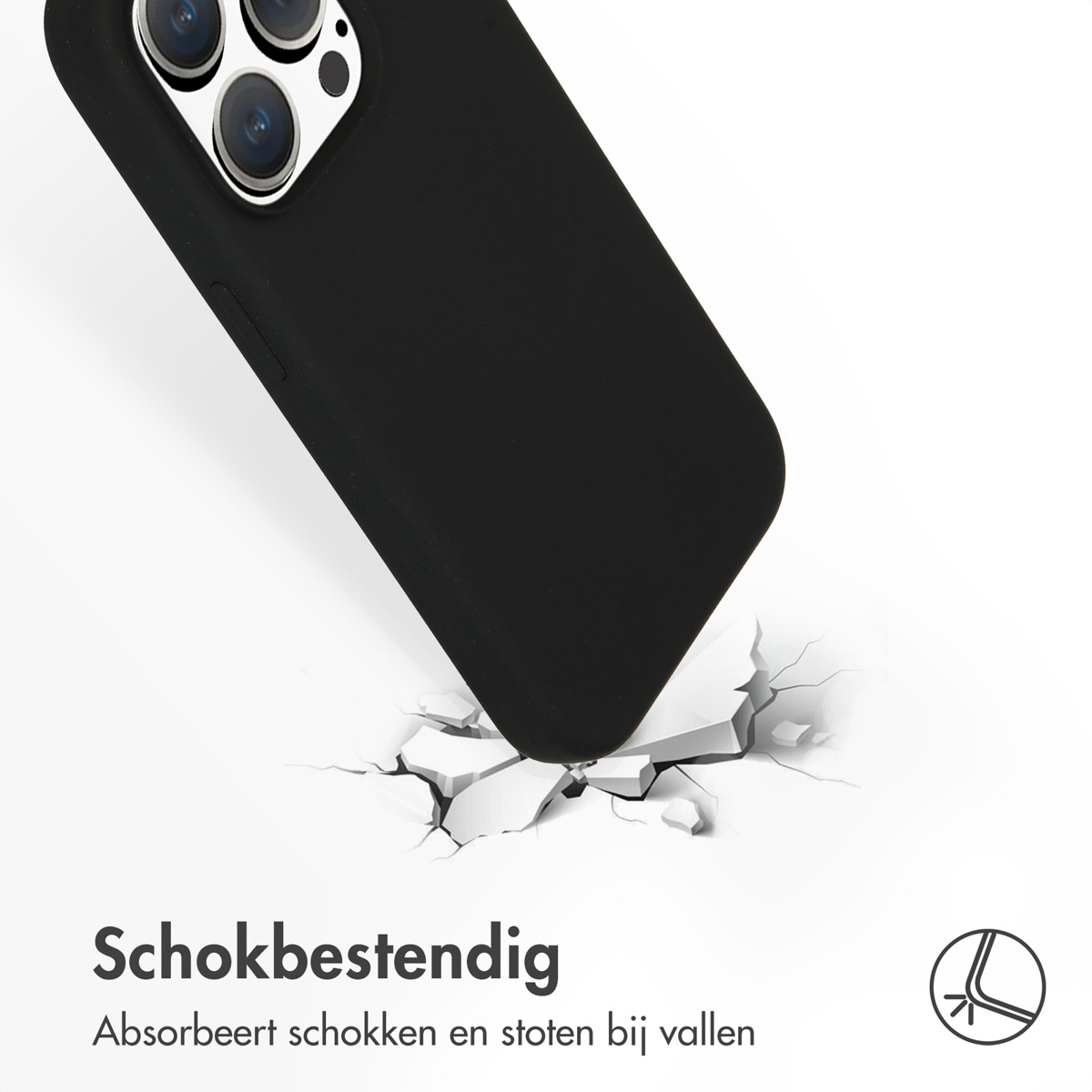 Schwarze Handyhülle stößt auf rissigen Boden. Text unten.
