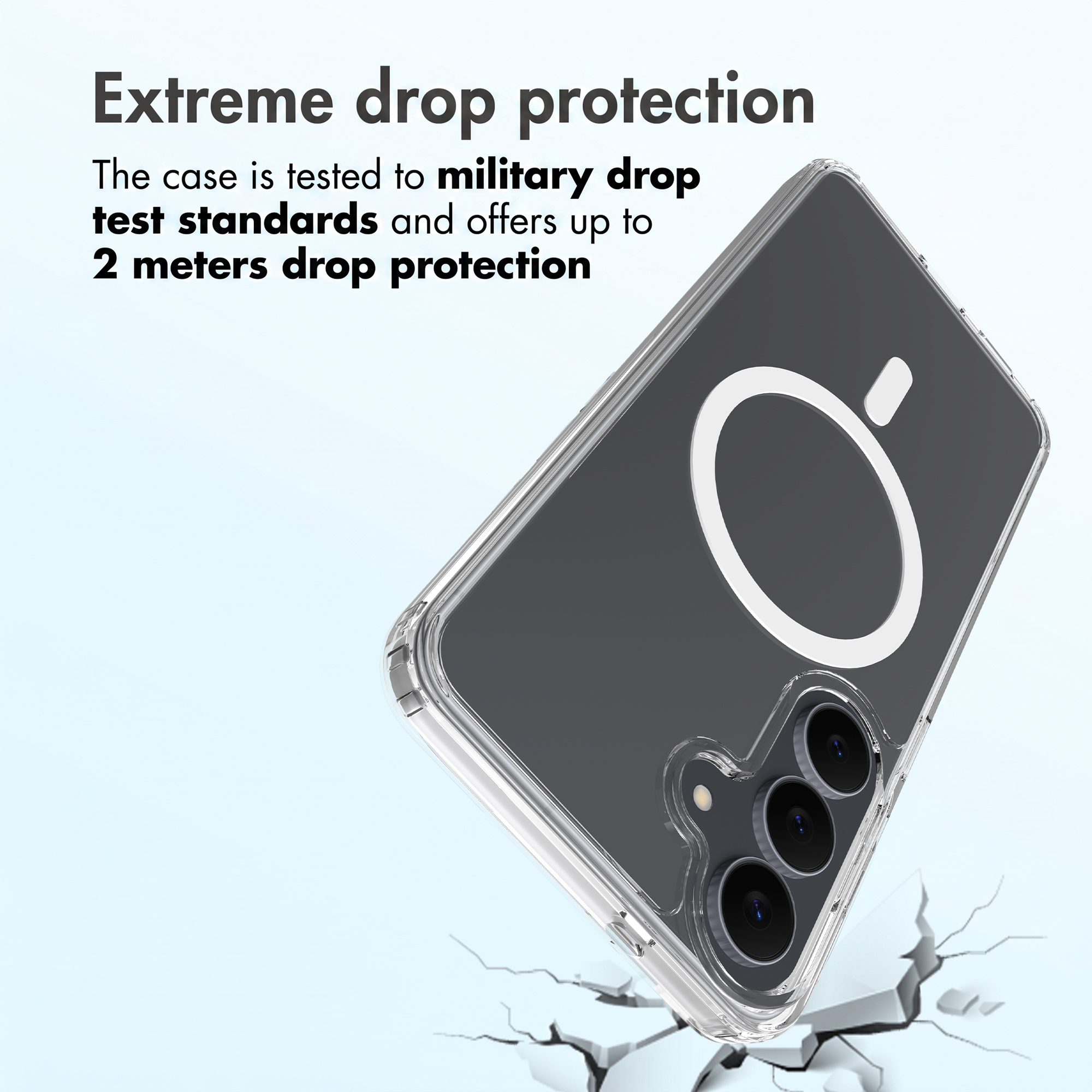 Coque transparente avec anneau MagSafe et triple capteur photo sur fond craquelé avec texte.