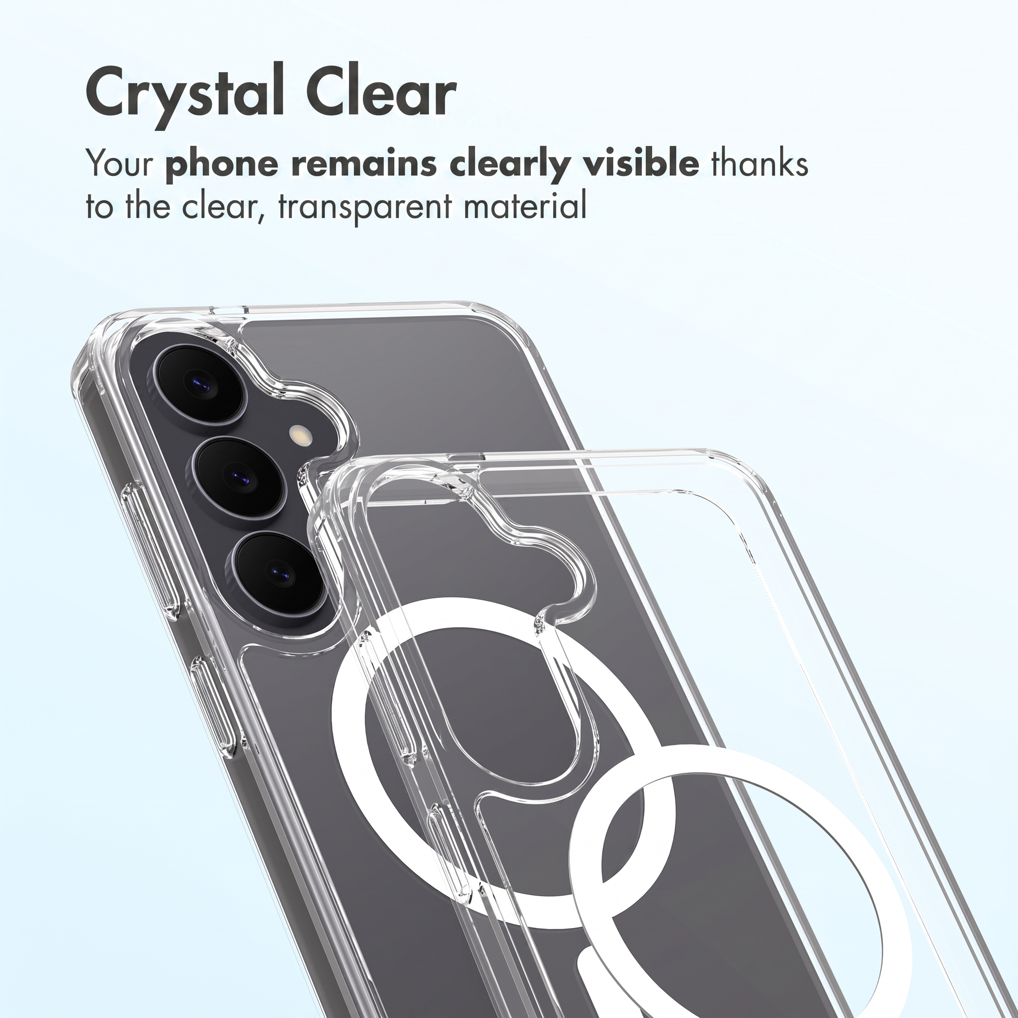 Coque de téléphone transparente avec anneau MagSafe et texte Crystal Clear sur fond bleu clair.