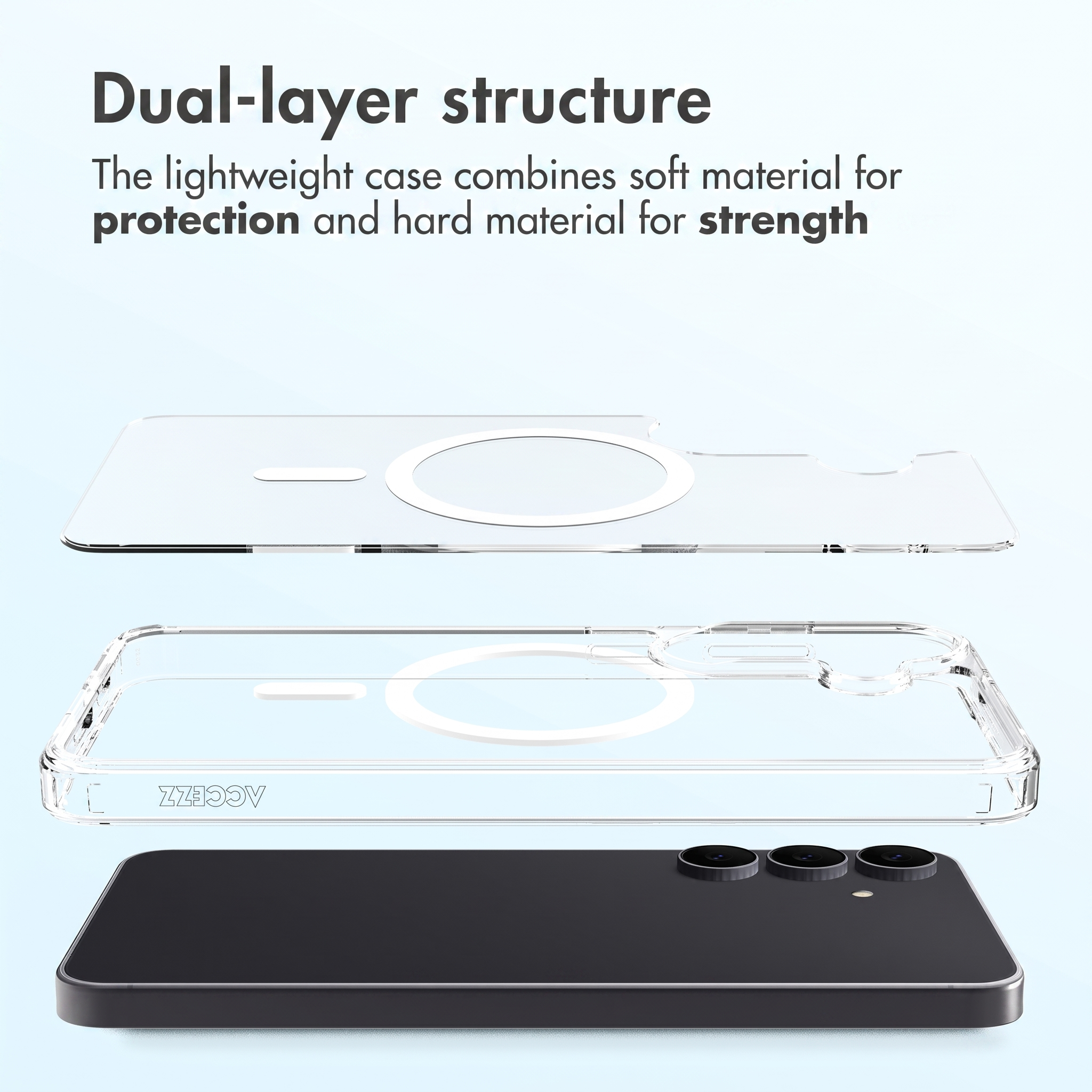 Schéma montrant une coque de téléphone double couche au-dessus d'un smartphone sur fond clair.
