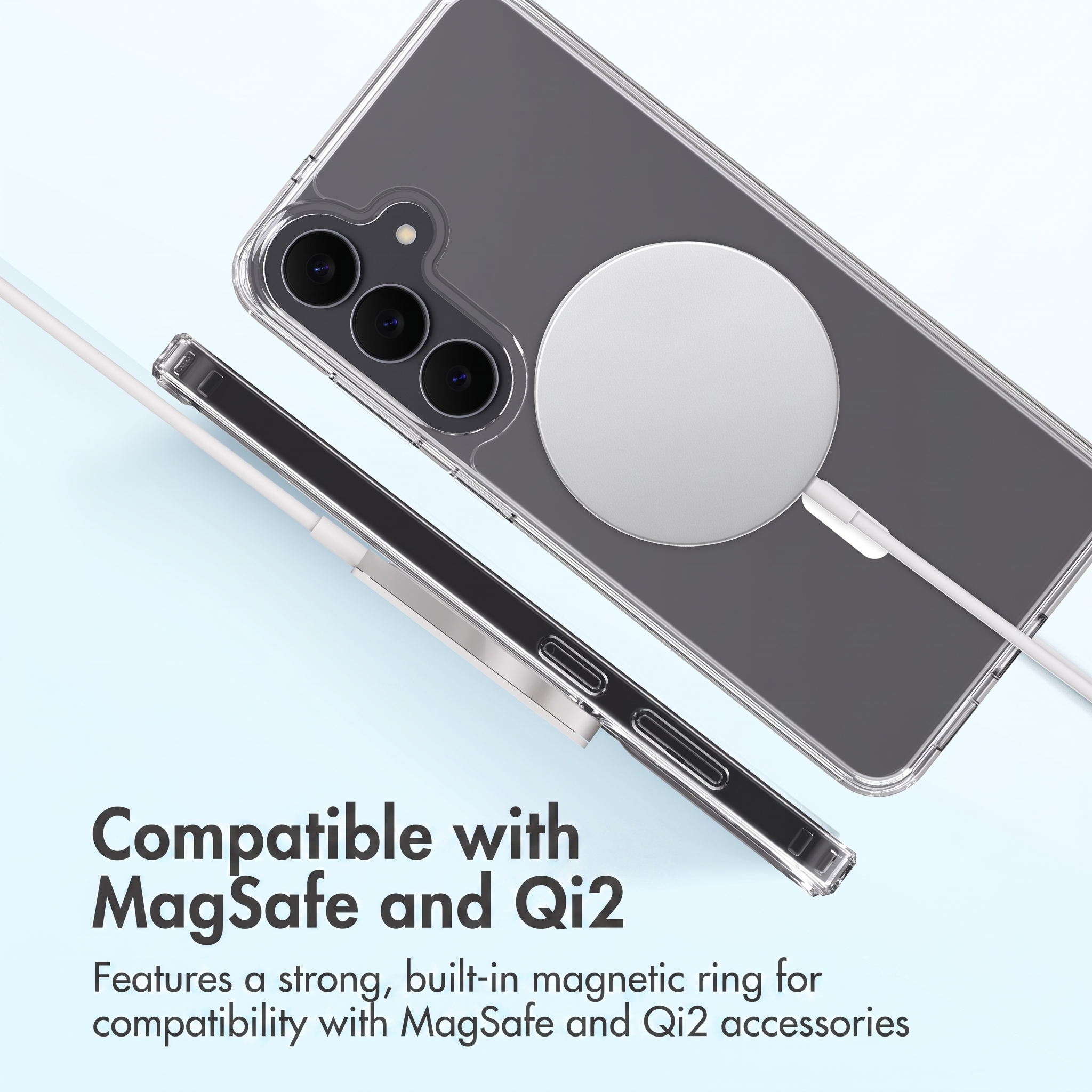 Coque de téléphone transparente avec anneau magnétique intégré sur fond bleu clair.