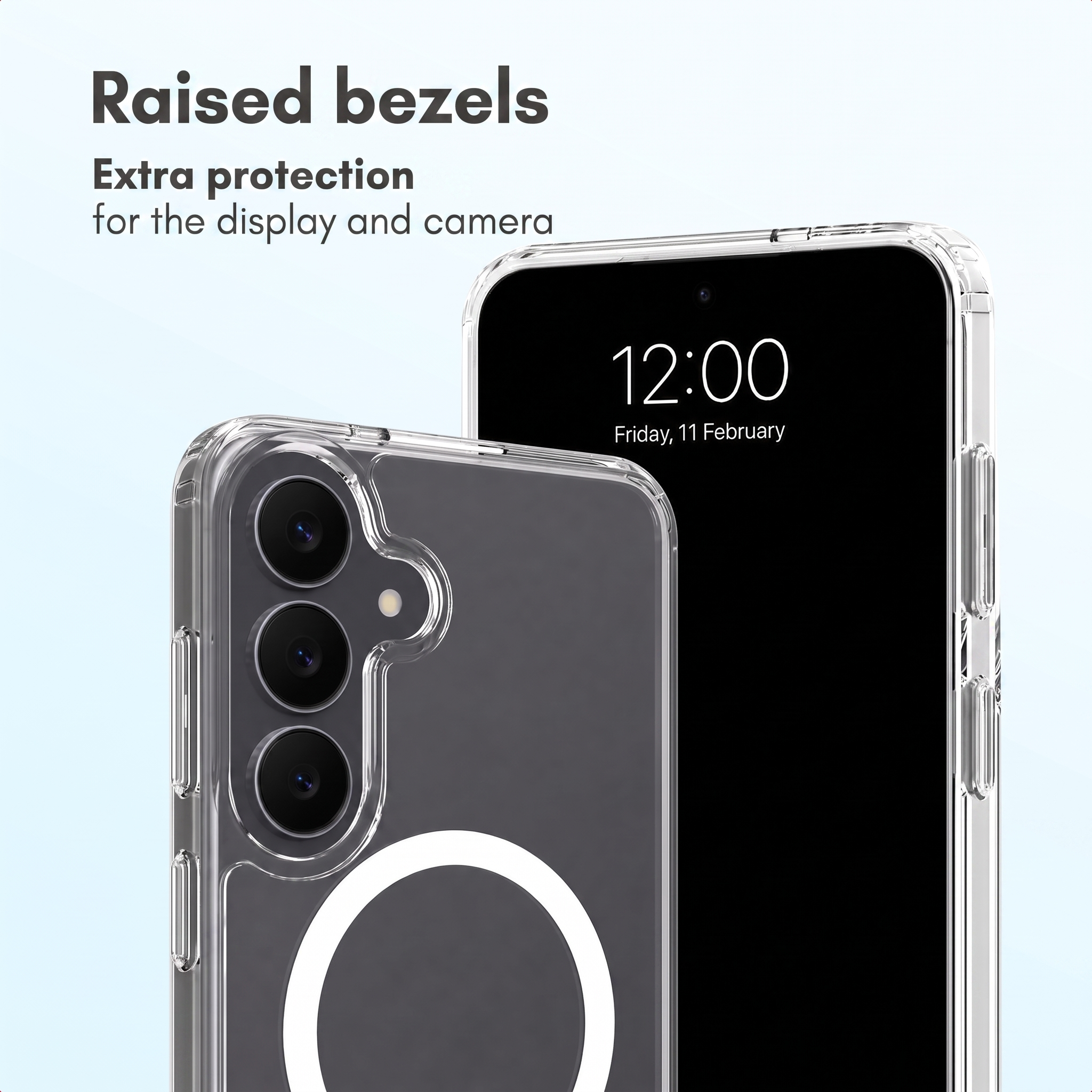 Deux smartphones dans une coque transparente avec des bords surélevés sur fond clair.