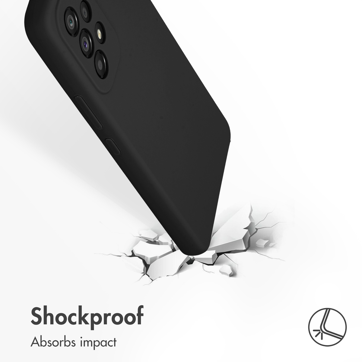 Un smartphone noir dans une coque percute une surface blanche craquelée. Texte : Shockproof Absorbs impact.