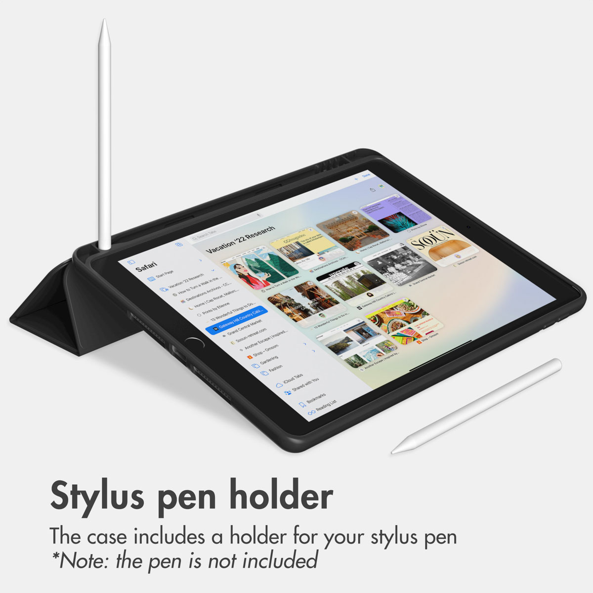 A tablet in a black protective case displays Safari, with a stylus in the holder and another stylus lying beside it.