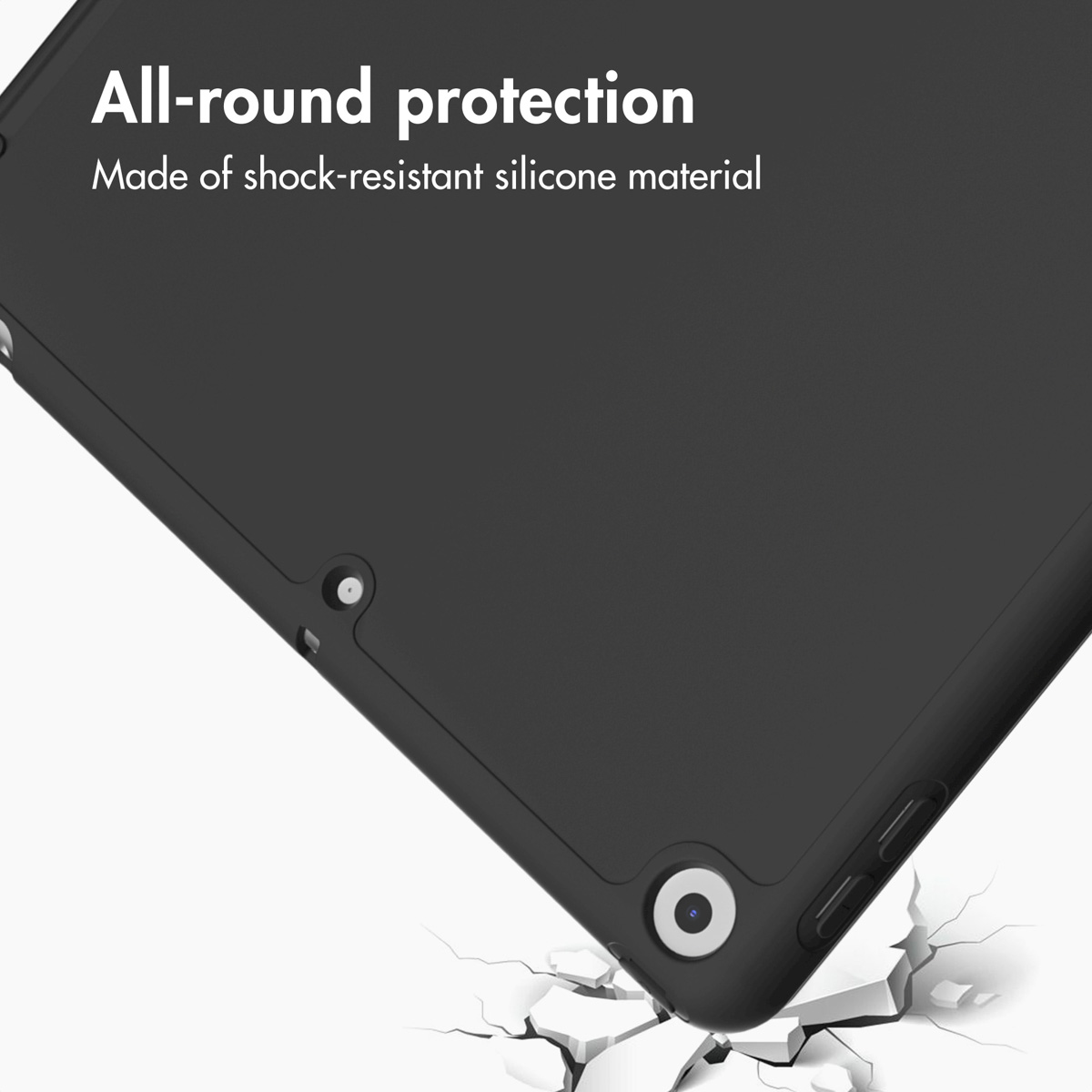 Black protective tablet case on a cracked background with white text.