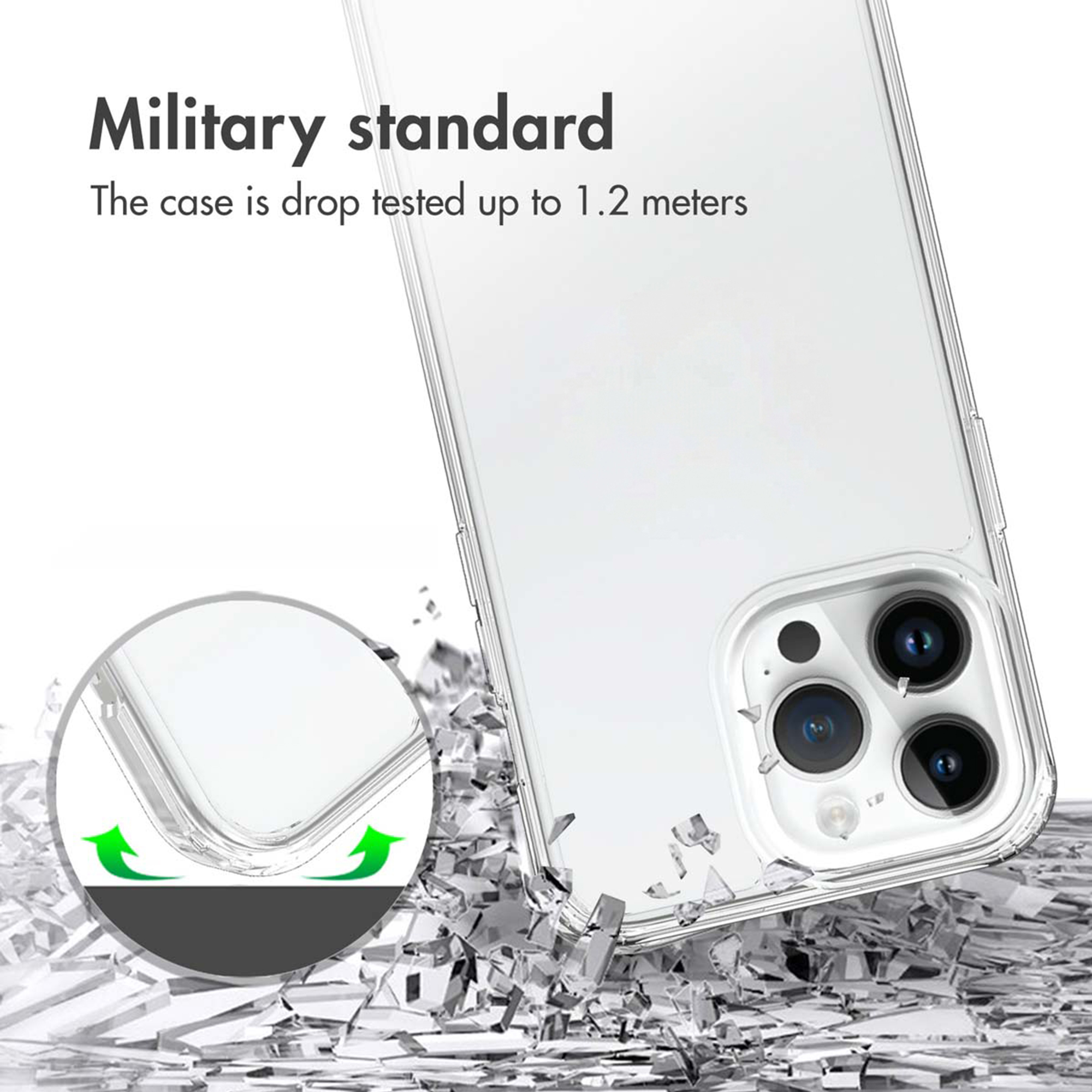 Coque de téléphone transparente résistante aux chutes jusqu'à 1,2 m, entourée de bris de verre.