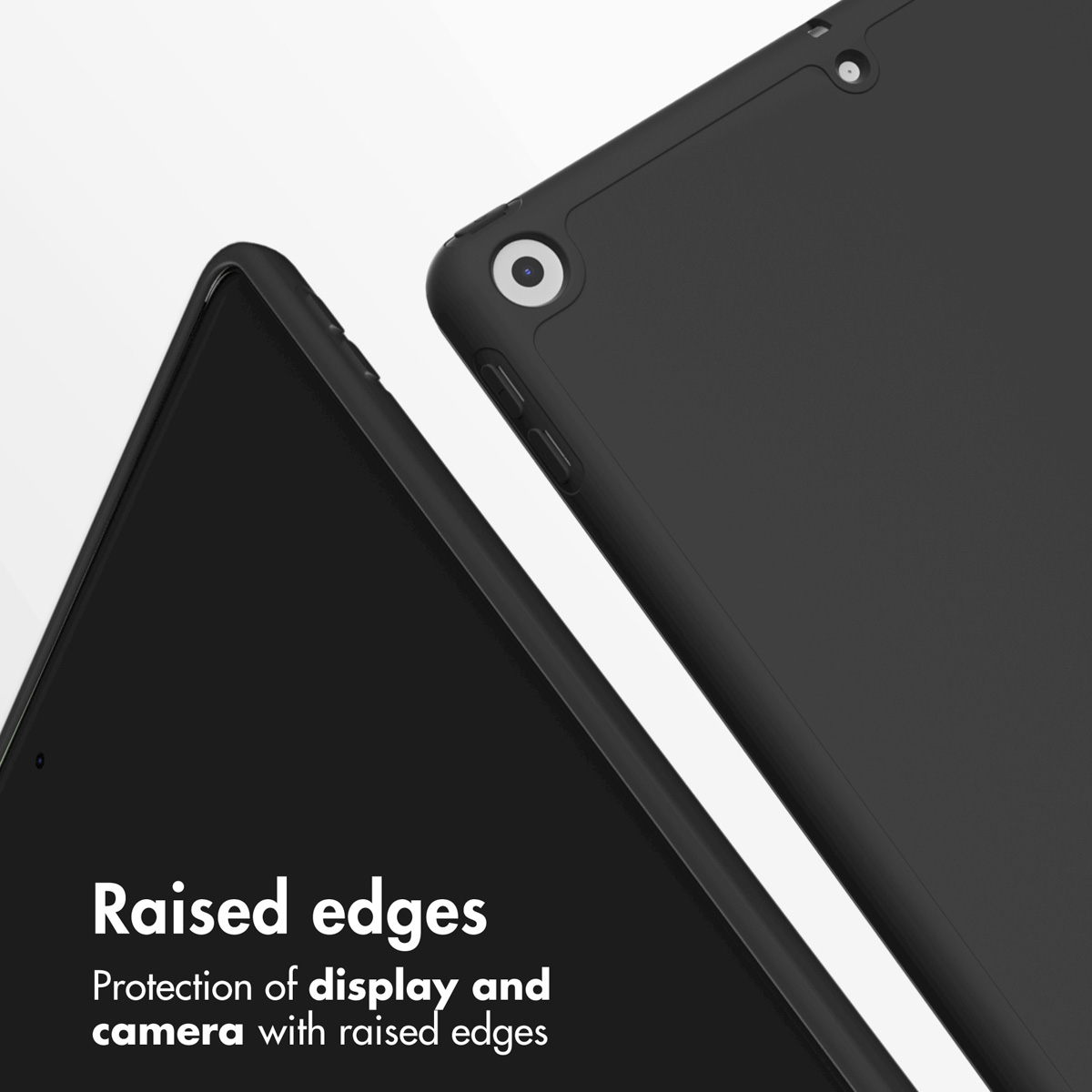 Black tablet case showing raised edges for display and camera protection.