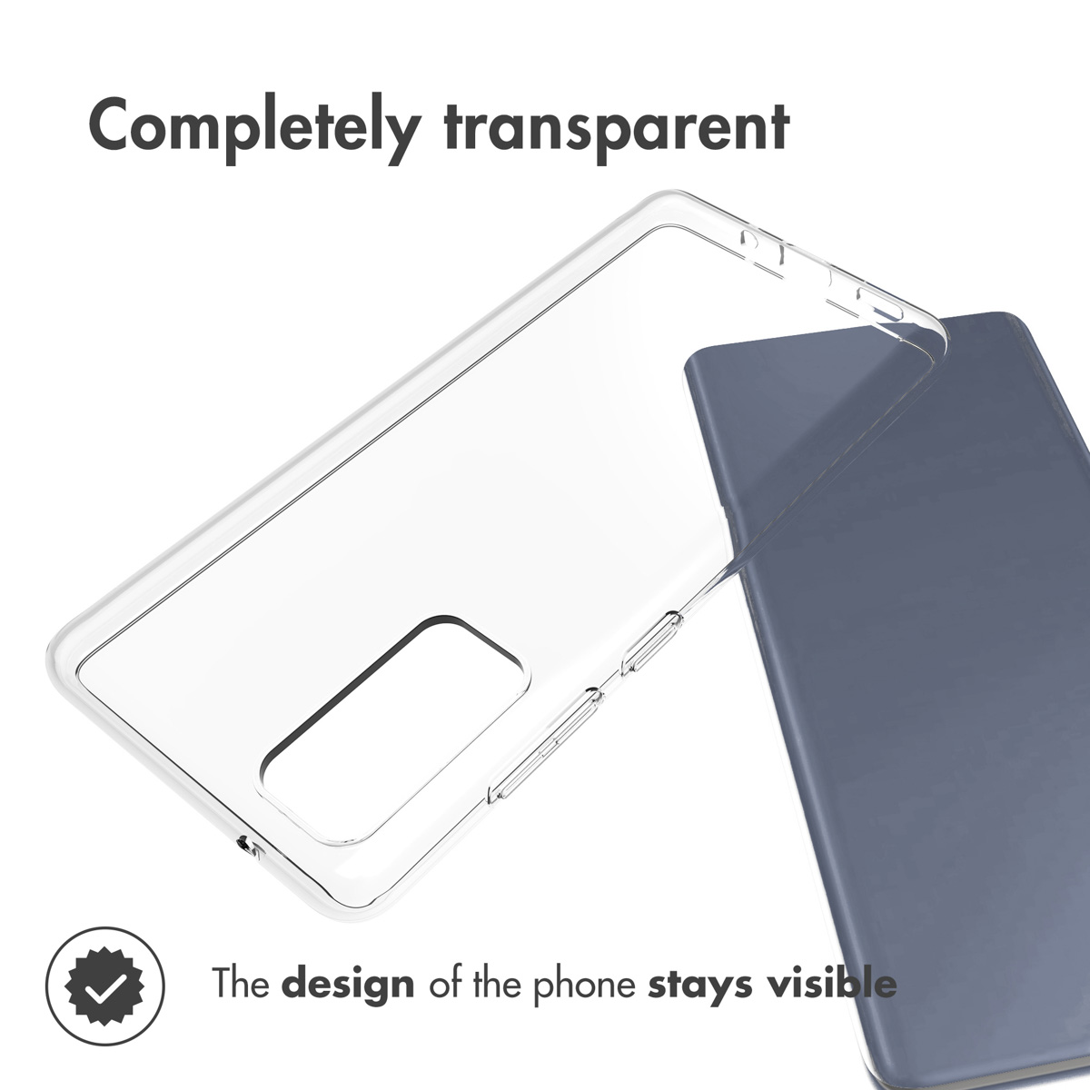 Une coque de téléphone transparente à côté d'un smartphone bleu, le texte indique que le design reste visible.