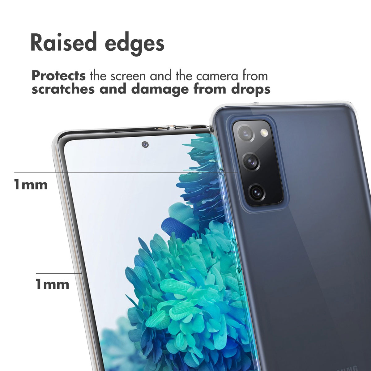Gros plan d'un smartphone avec des bords surélevés indiqués par des lignes de 1 mm pour la protection.