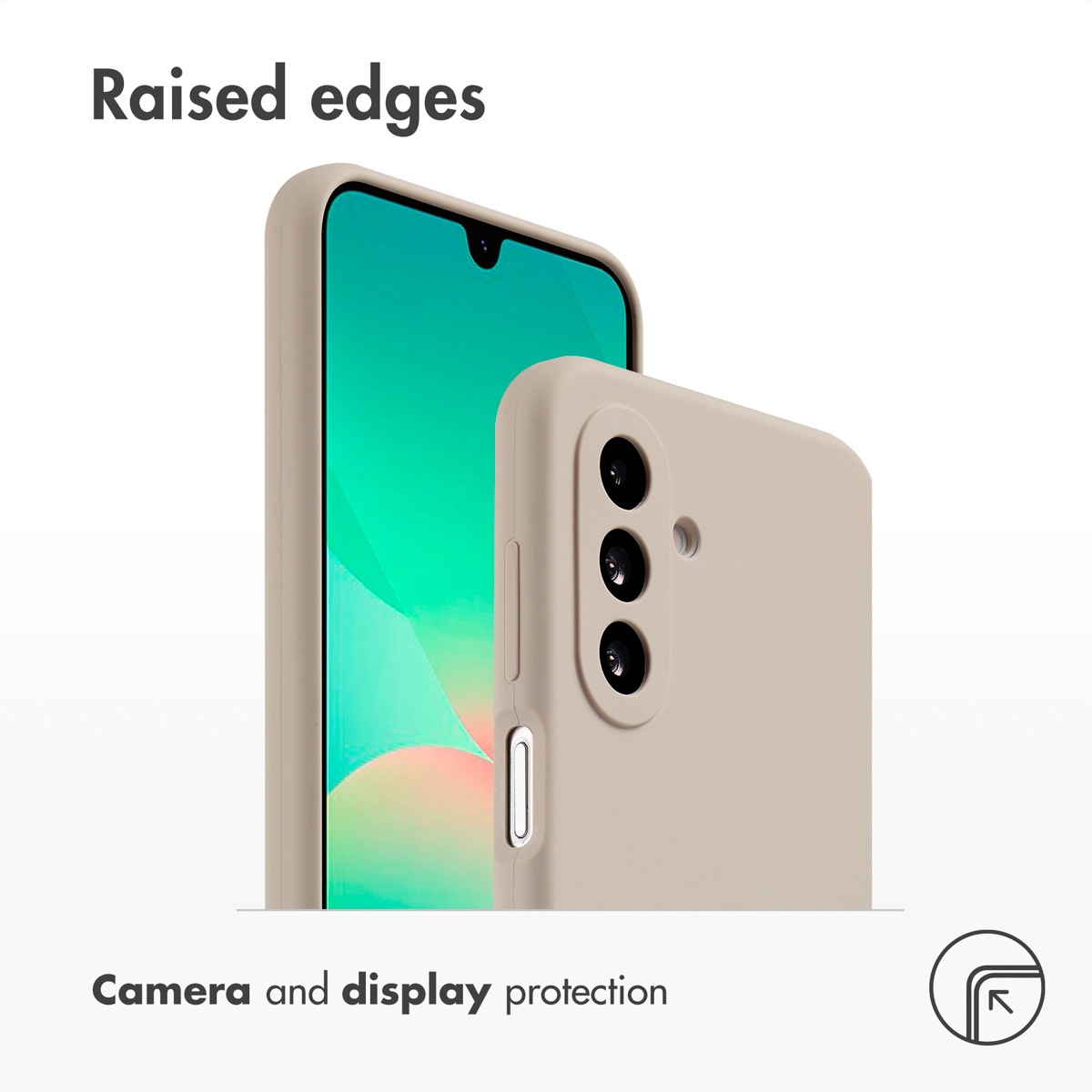 Beige Handyhülle mit erhöhten Rändern für Kamera- und Display-Schutz auf weißem Hintergrund.