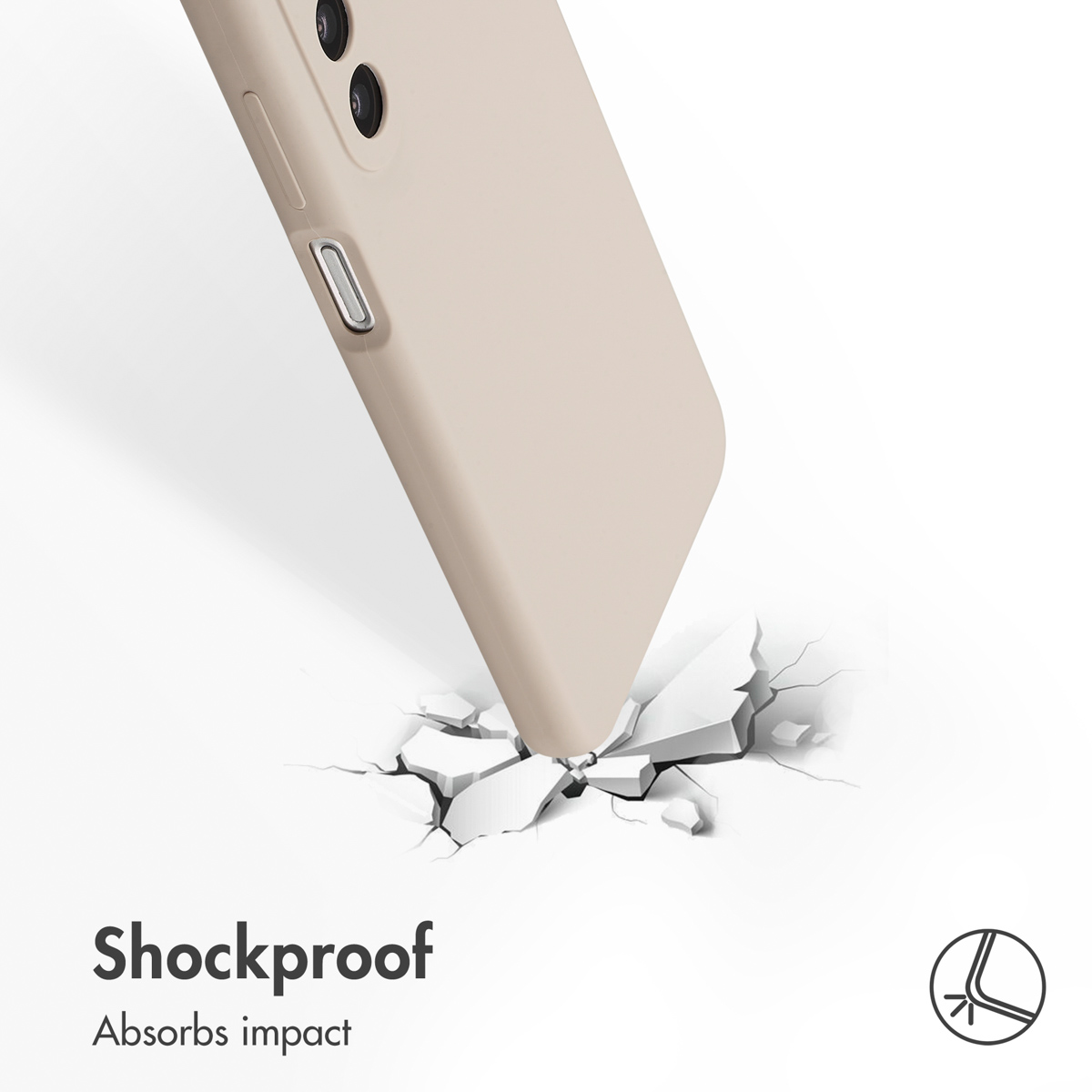 Eine beigefarbene Handyhülle trifft auf eine rissige weiße Oberfläche. Aufschrift "Shockproof".