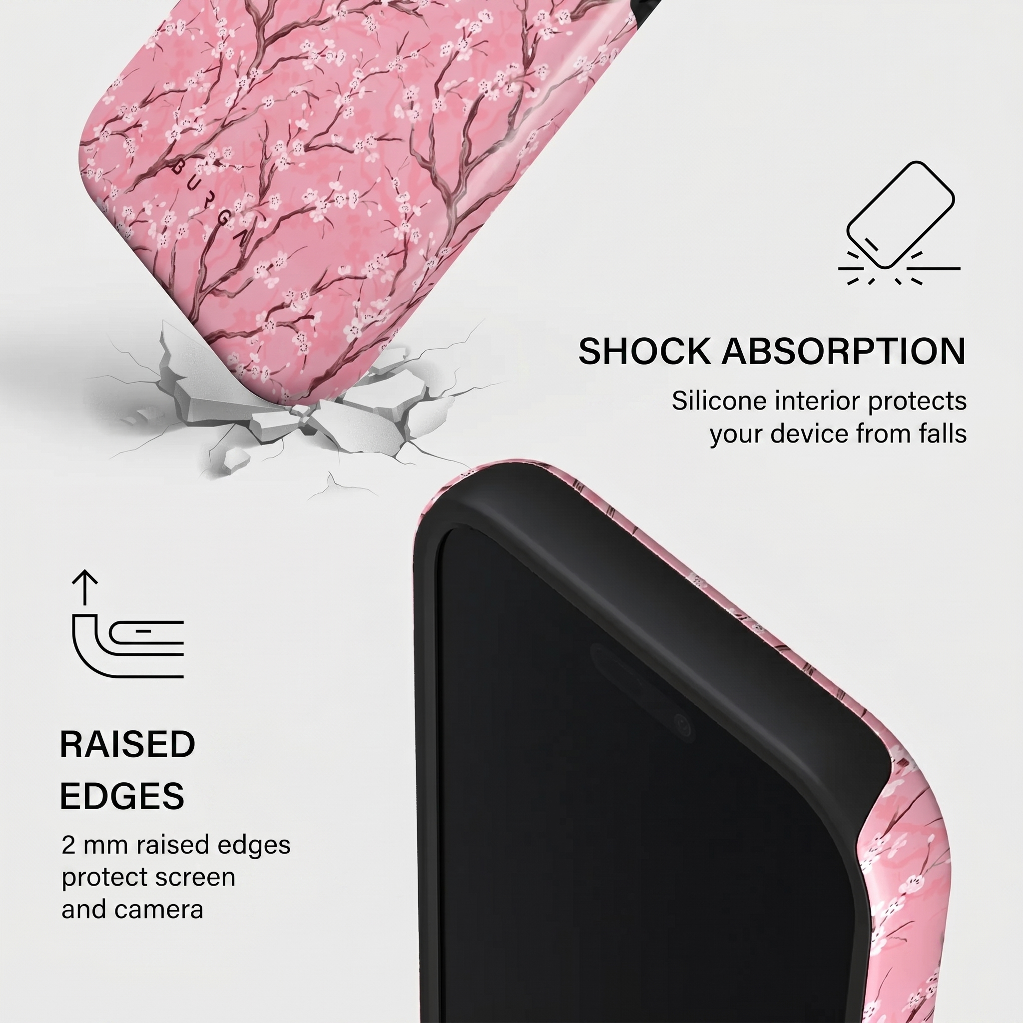 Funda de móvil con flores de cerezo, absorción de golpes y bordes elevados.